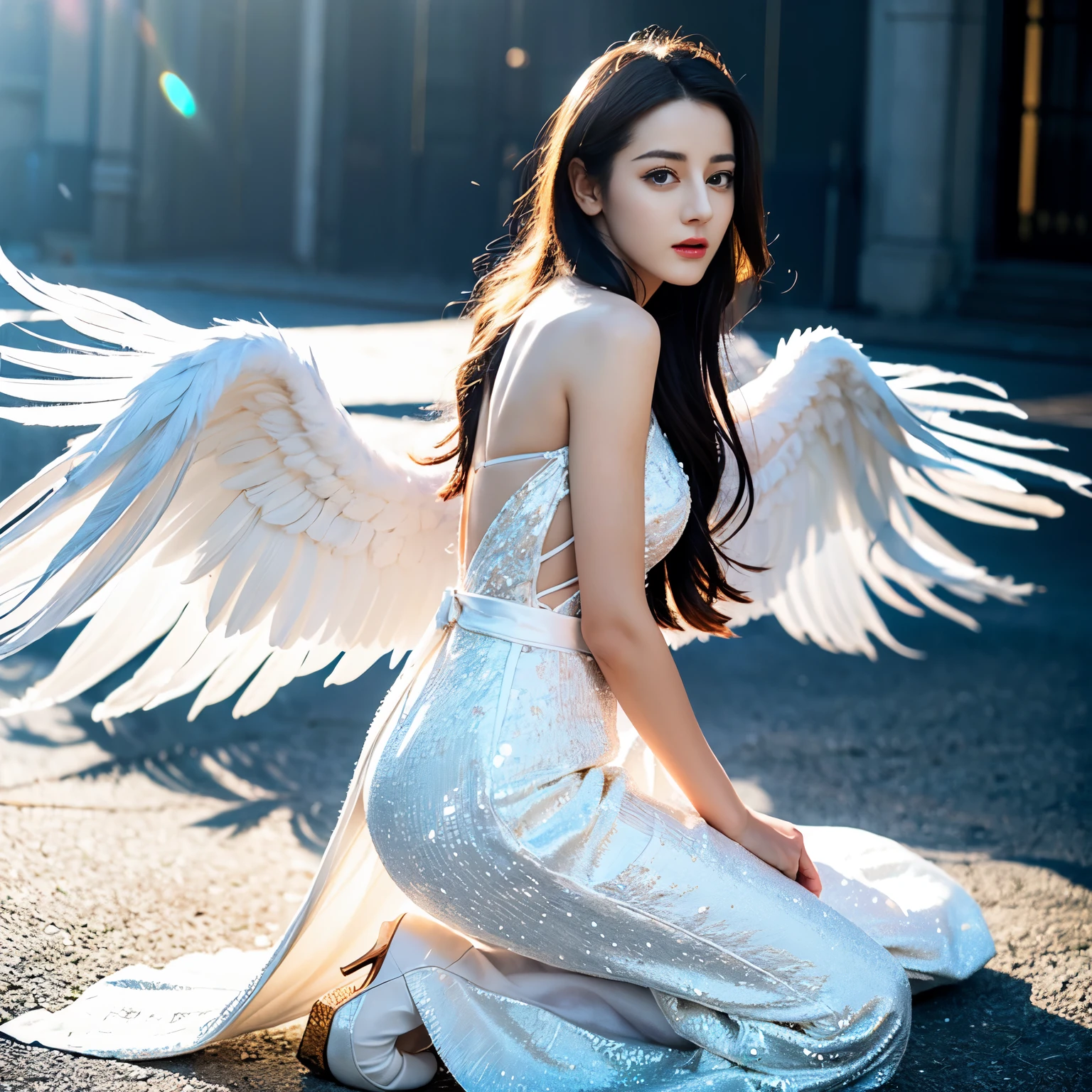 ((top quality、8k、Masterpiece:1.3))、Extremely delicate and beautiful girl,Very white skin,fiery red lips,Waist is very thin,Thighs are very thin,White wedding dress,White and smooth skin,Smooth and fair skin,flawless skin,Fair and shiny skin,cold white skin,The camera focuses on the chest,bright light,hair is white,A pair of huge white wings on the back,angel wings,hazy light rays,hazy light rays,blurred white background,Long white dress,White hair,white hair,sad,shed tears,Kneel and sit on the ground