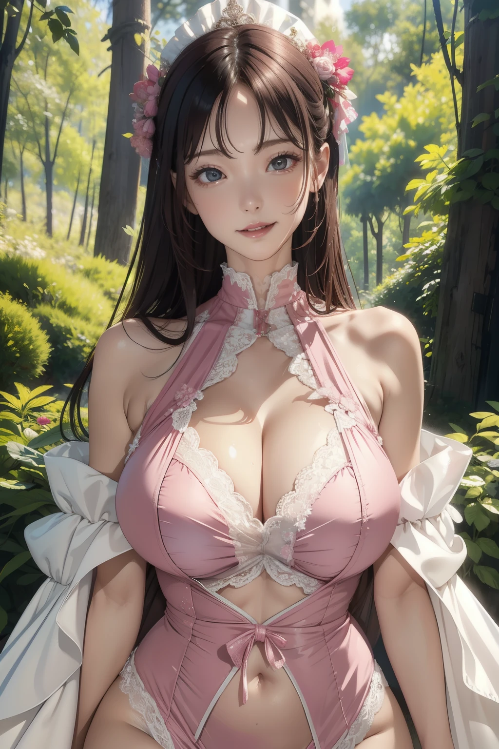 (masterpiece:1.2, highest quality), realistic, (real picture, intricate details, pink high neck dress), parted lips, very detailed, perfect face, perfect body, large model,Background in the forest、transparent nippleature woman、tall、long legs、Separate the upper and lower costumes、brightly colored drawings、Clothes with a wide open chest、revealing costumes、Clothes that expose the belly button、Only the upper body is dressed up、random hairstyle、big breasts、transparent lace costume、embellished costume、Clothes that expose the belly button、