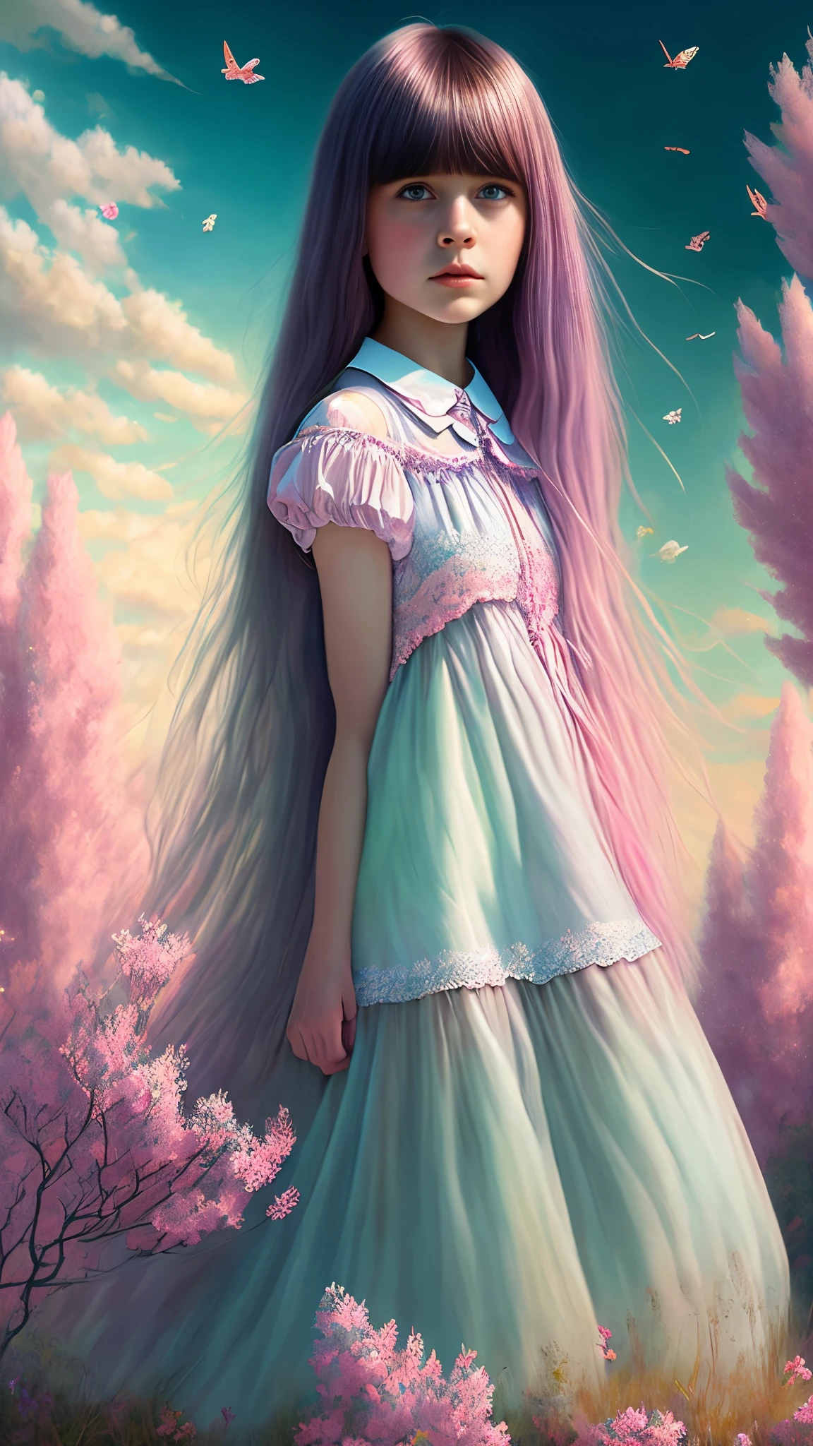 In the enchanting world of candy and whimsy, a young girl with blunt bangs and long flowing hair is captured in a mesmerizing portrait. Surrounded by a pastel pink sky and a backdrop of glistening blue and green trees, she exudes an ethereal charm. Thescene is illuminated by a hyper-realistic ultrahigh definition painting, showcasing immense detail and cinematic lighting. The girl's collared dress, falling on one side, is rendered in the best quality, with realskin textures that bring her to life.
The fantastical landscape presents an intricate balance of translucent elements, such as peeling pet