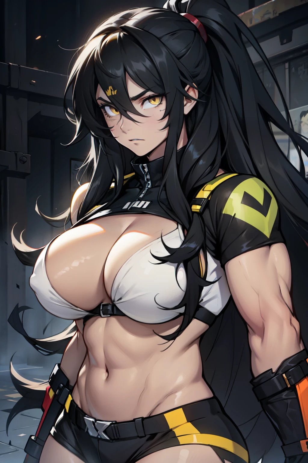 extremely long hair messy hair wavy hair hair between eyes black hair yellow eyes pale skin upset muscular girl huge breasts