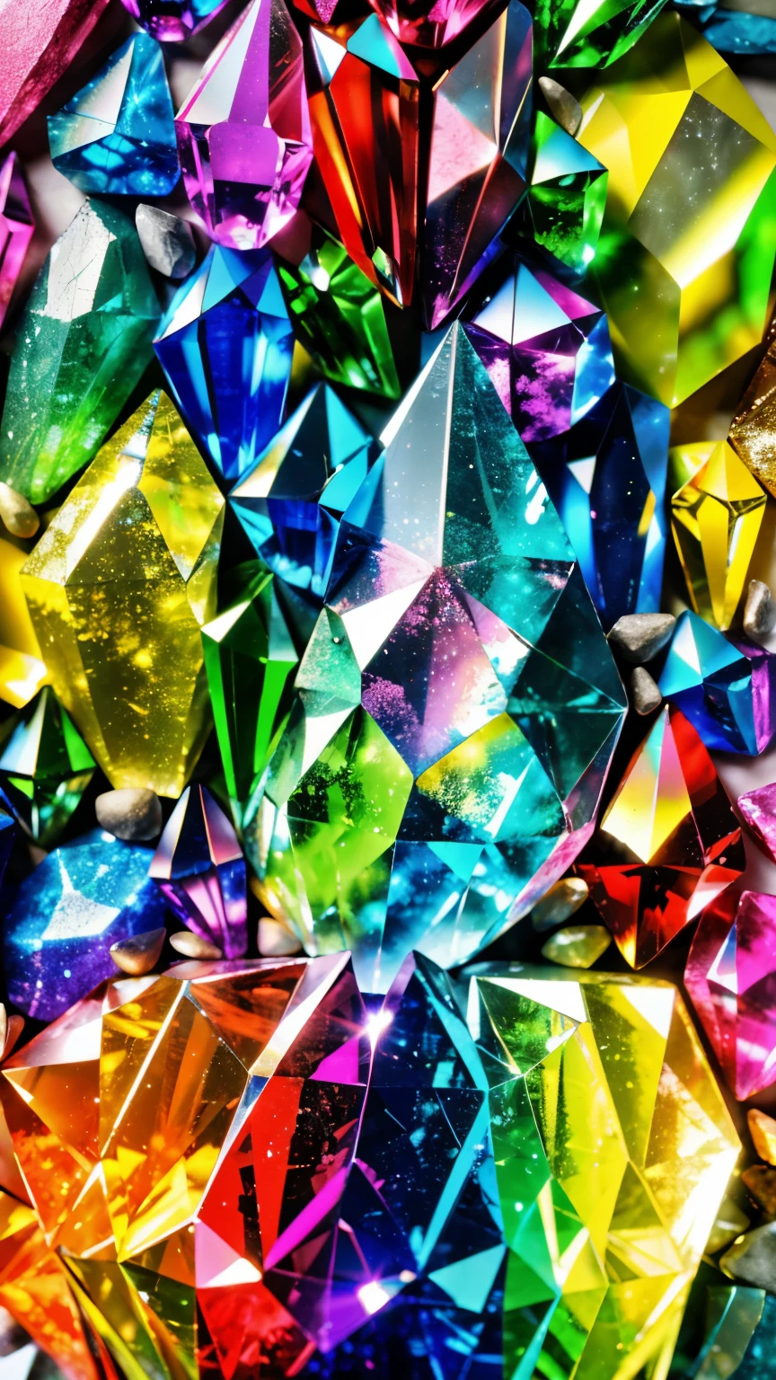 Crystals and colorful crystals and rainbow crystals and rubies and aquamarines and emeralds,It was a mess,Super transformation,High resolution,bright,sharp,Mr.々Shape,Sparkling,shine