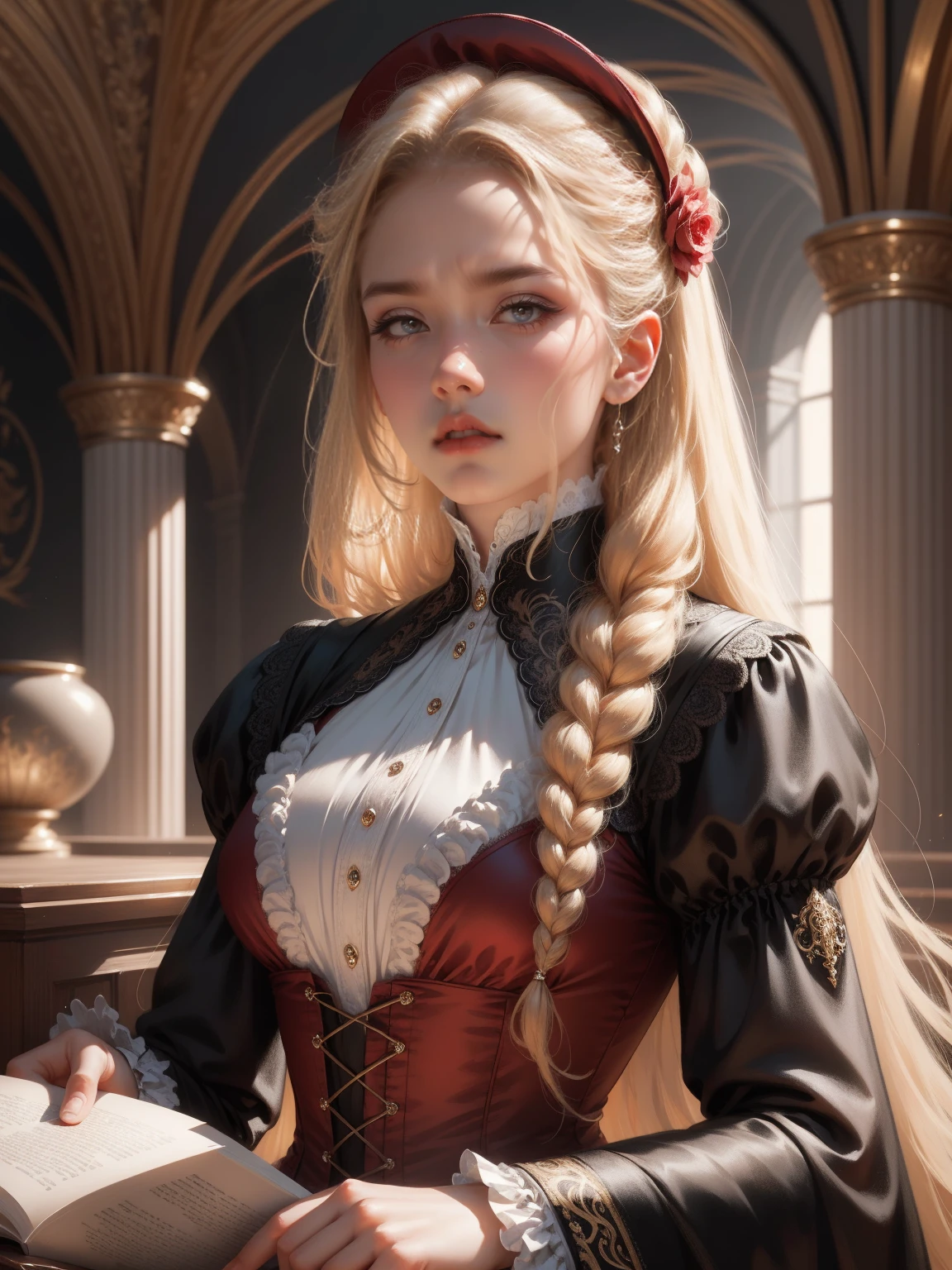 { - anatomy error}(Masterpiece - Ultra-detailed, very high resolution) Prepare to be enchanted by a true masterpiece that combines ultra-detailed art with high-resolution rendering. This work depicts a mesmerizing woman with very long blond hair (1.3) and captivating gray eyes (1.2), emanating an aura of elegance and mystery in Victorian settings. The intricate details and realistic textures invite you to explore every aspect of this enchanting composition. Woman wearing beautiful classic Victorian costume from the year 1878. Red lips. Happy face. Smiling. light-brown dress. reading, writing, dynamic poses. Get ready to dive into a world where beauty and craftsmanship merge perfectly.