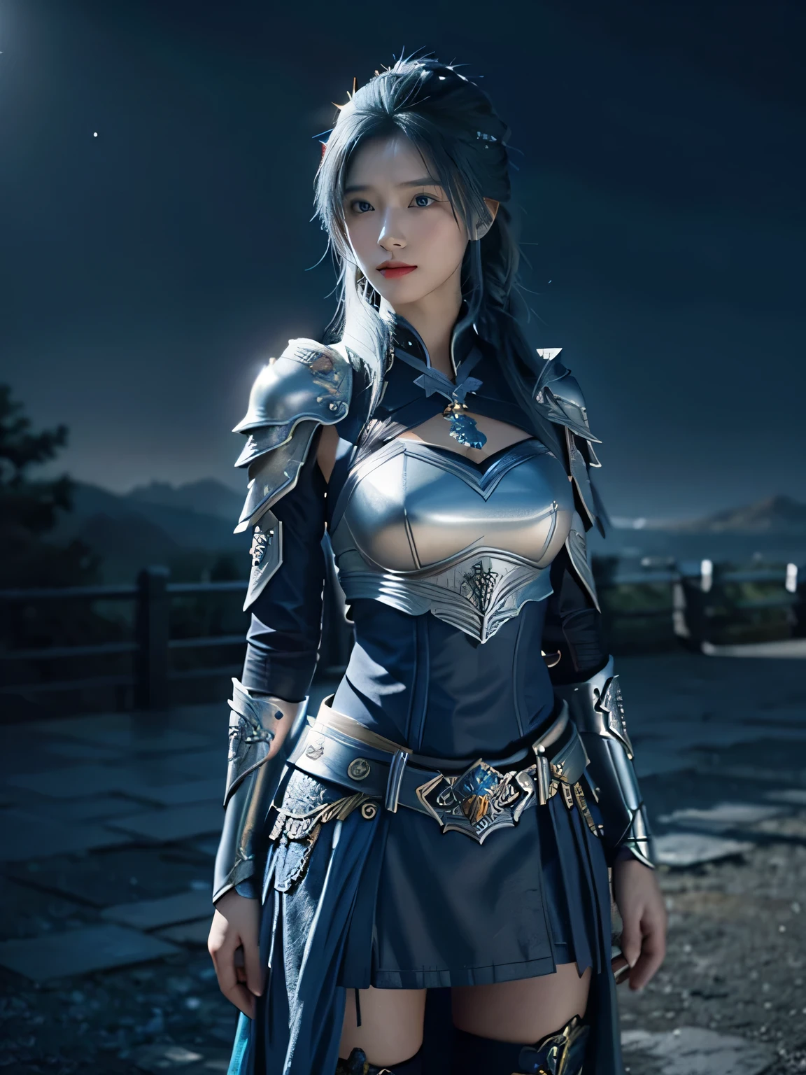 masterpiece，Best quality，A high resolution，8K，Original photo，real photo，Ancient city wall battlefield background,((field：1.8))，digital photography，(Female generals on the battlefield in the Han Dynasty)，18-year-old girl，（long ponytail hairstyle)，cparted lips，Full and erect breasts，Noble and charming，Elegant and serious，(Thick silver fish scale armor），Blue by Capelet，((Hair tied high，blue hair))，The combination of white metal and red leather，Chest covered with gold armor，metallic luster，Leather buckle，Exquisite pattern，mysterious badge，Cool and gorgeouig breasts))，Chest groove，Three Kingdoms character painting style，Photo pose，oc render reflection texture，gloomy weather，charming smile，Head-up shot，