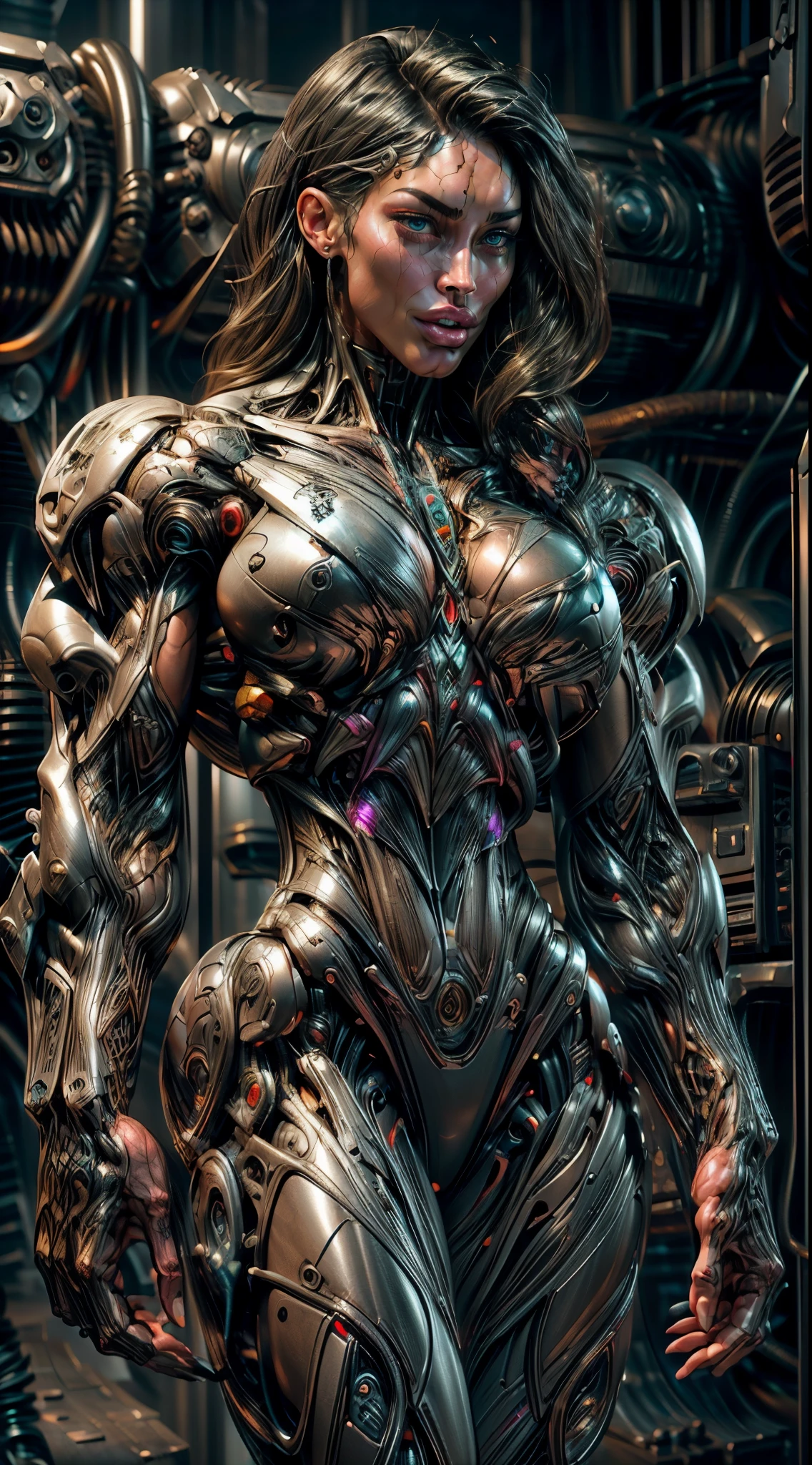 (1 girl), (megan fox:1.25), (muscular android girl wearing a black anatomic cybernetic muscle suit:1.25), (wide shoulders:1.25), (muscular defined physique:1.25), perfect hands, long hair, large breasts, high resolution image, extreme detail, blank background