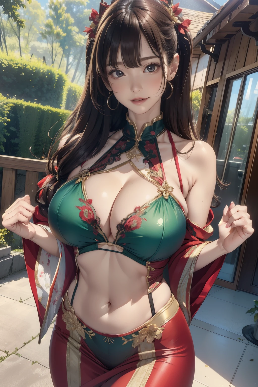 (masterpiece:1.2, highest quality), realistic, (real picture, intricate details, red high neck dress), parted lips, very detailed, perfect face, perfect body, large model,Background in the forest、transparent nippleature woman、tall、long legs、Separate the upper and lower costumes、brightly colored drawings、Clothes with a wide open chest、revealing costumes、Clothes that expose the belly button、Only the upper body is dressed up、random hairstyle、big breasts、transparent lace costume、embellished costume、Clothes that expose the belly button、