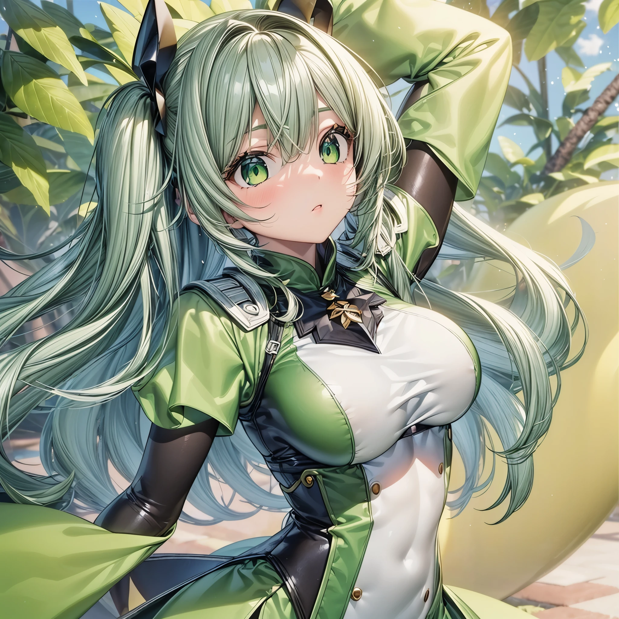 1girl, long green twintail hair, (detailed green eyes), (cute), (((small breasts))),  black and green and white uniform, masterpiece, high res, best quality, ((3d))