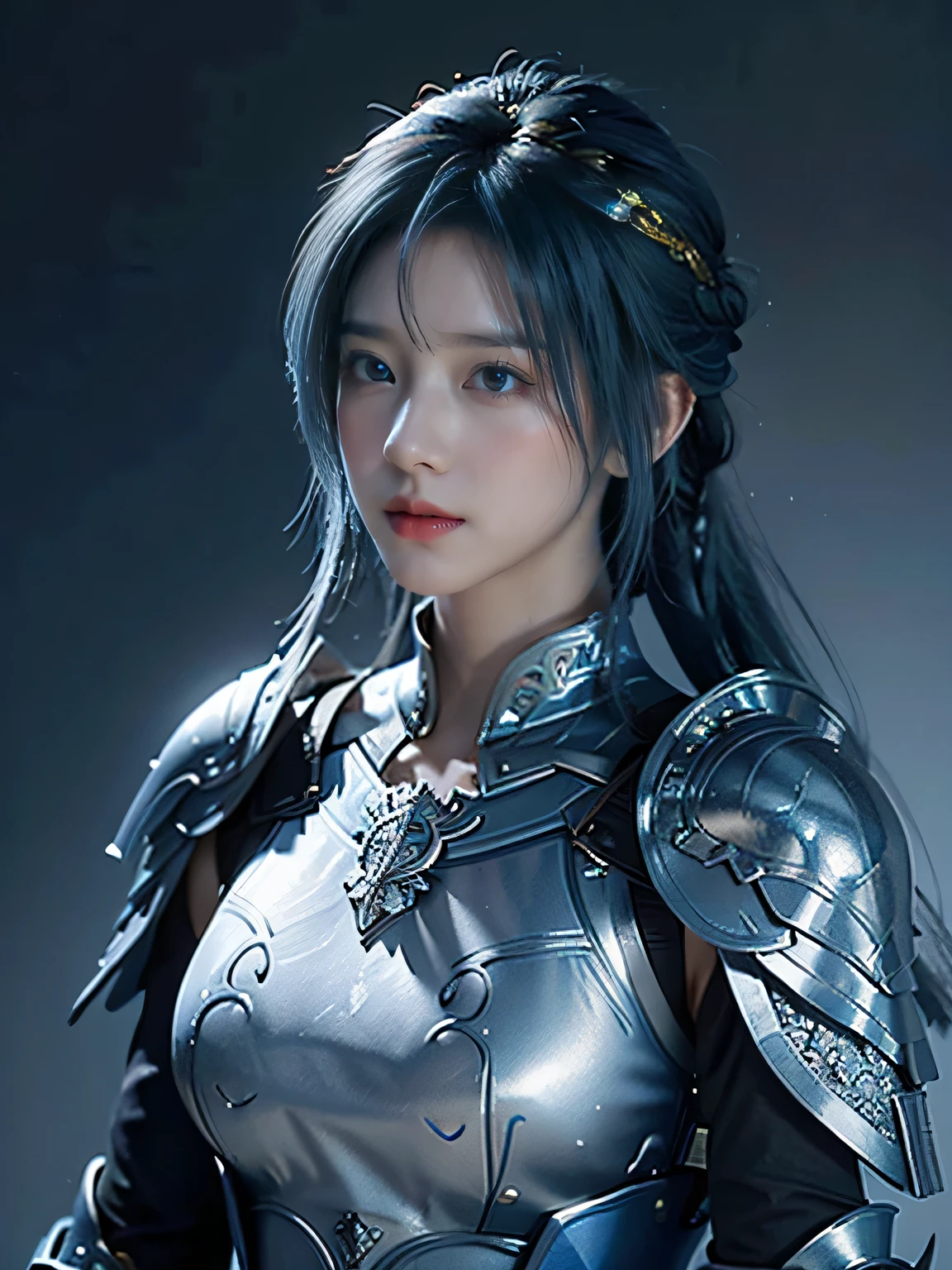 masterpiece,Best quality,A high resolution,8K,Original photo,real photo,Ancient city wall battlefield background,((field:1.8)),digital photography,(Female generals on the battlefield in the Han Dynasty),18-year-old girl,(long ponytail hairstyle),cparted lips,Full and erect breasts,Noble and charming,Elegant and serious,(Thick silver fish scale armor),Blue by Capelet,((Hair tied high,blue hair)),The combination of white metal and red leather,Chest covered with gold armor,metallic luster,Leather buckle,Exquisite pattern,mysterious badge,Cool and gorgeouig breasts)),Chest groove,Three Kingdoms character painting style,Photo pose,oc render reflection texture,gloomy weather,charming smile,Head-up shot,
