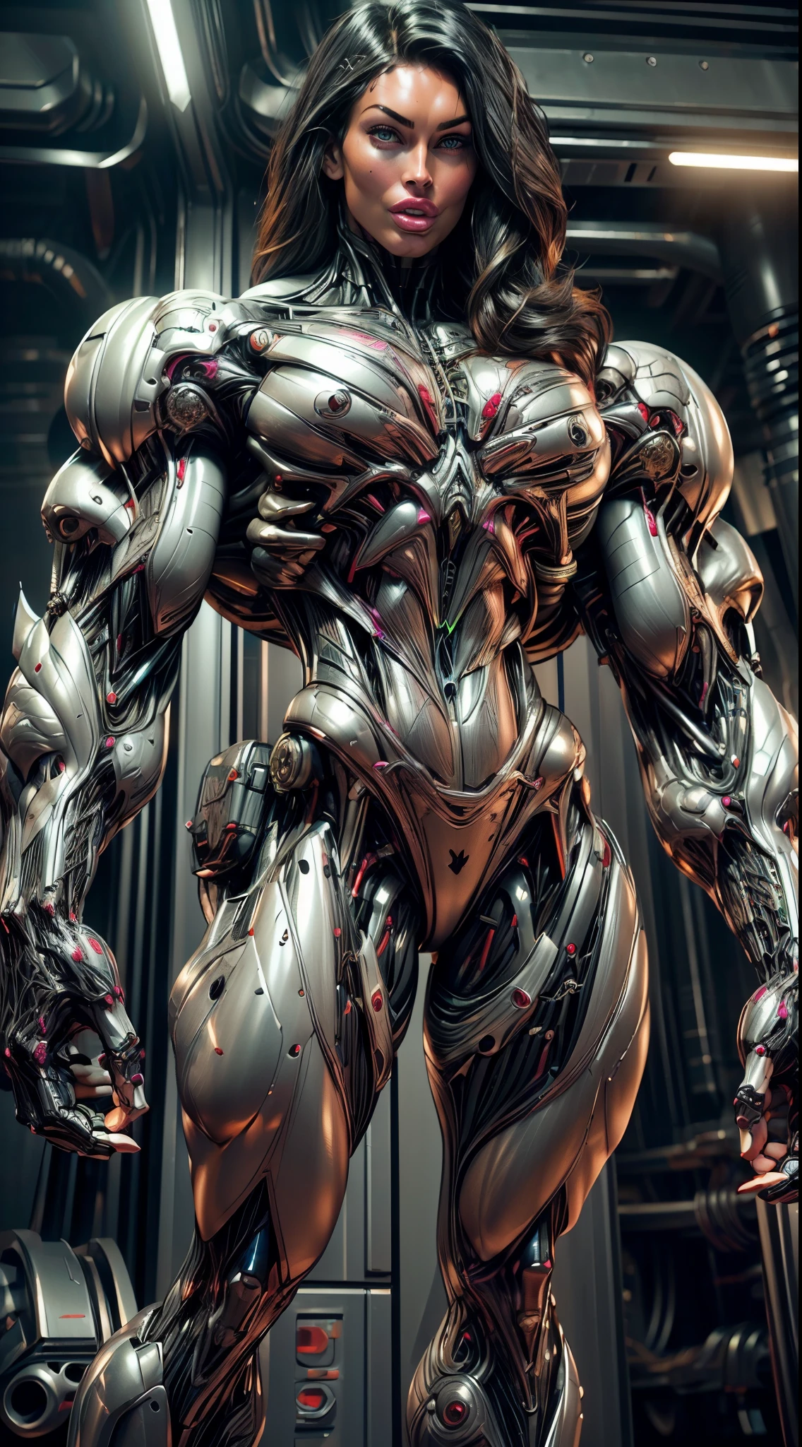 (1 girl), (megan fox:1.25), (muscular android girl wearing a black anatomic cybernetic muscle suit:1.25), (wide shoulders:1.25), (muscular defined physique:1.25), perfect hands, long hair, large breasts, high resolution image, extreme detail, blank background