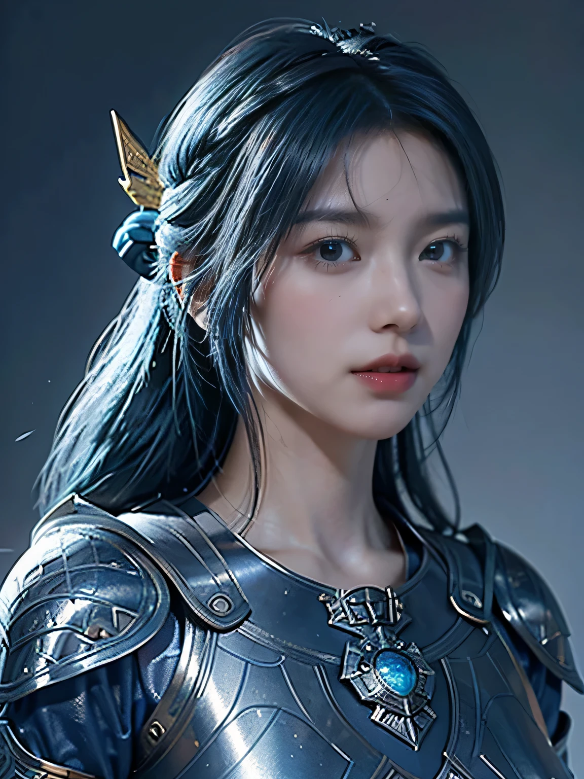 masterpiece，Best quality，A high resolution，8K，Original photo，real photo，Ancient city wall battlefield background,((field：1.8))，digital photography，(Female generals on the battlefield in the Han Dynasty)，18-year-old girl，（long ponytail hairstyle)，cparted lips，Full and erect breasts，Noble and charming，Elegant and serious，(Thick silver fish scale armor），Blue by Capelet，((Hair tied high，blue hair))，The combination of white metal and red leather，Chest covered with gold armor，metallic luster，Leather buckle，Exquisite pattern，mysterious badge，Cool and gorgeouig breasts))，Chest groove，Three Kingdoms character painting style，Photo pose，oc render reflection texture，gloomy weather，charming smile，Head-up shot，