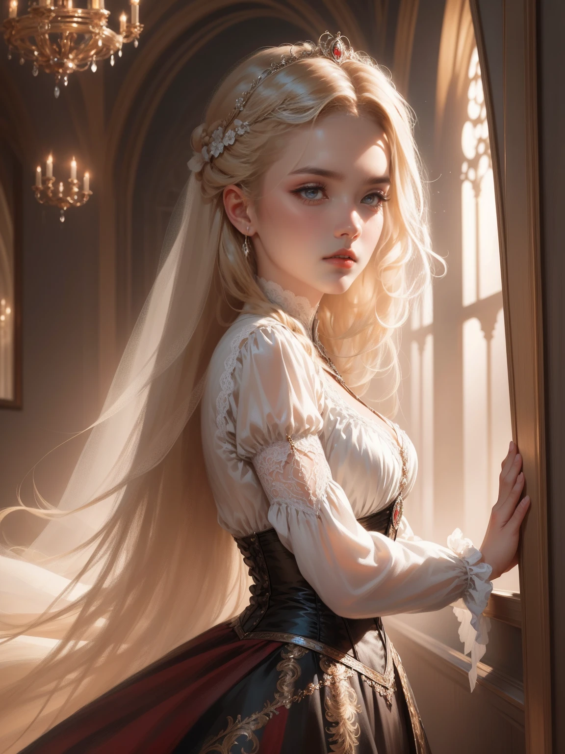 {-erro_de_anatomia:1.0} woman 30 years old, victorian era,victorian clothes, (white dress), dark castle, a woman (darkness), very long blond hair (blond hair), (gray eyes) . Indifferent look , merciless, dinamic poses, egoist smile, upper body, standing, backwards, looking back