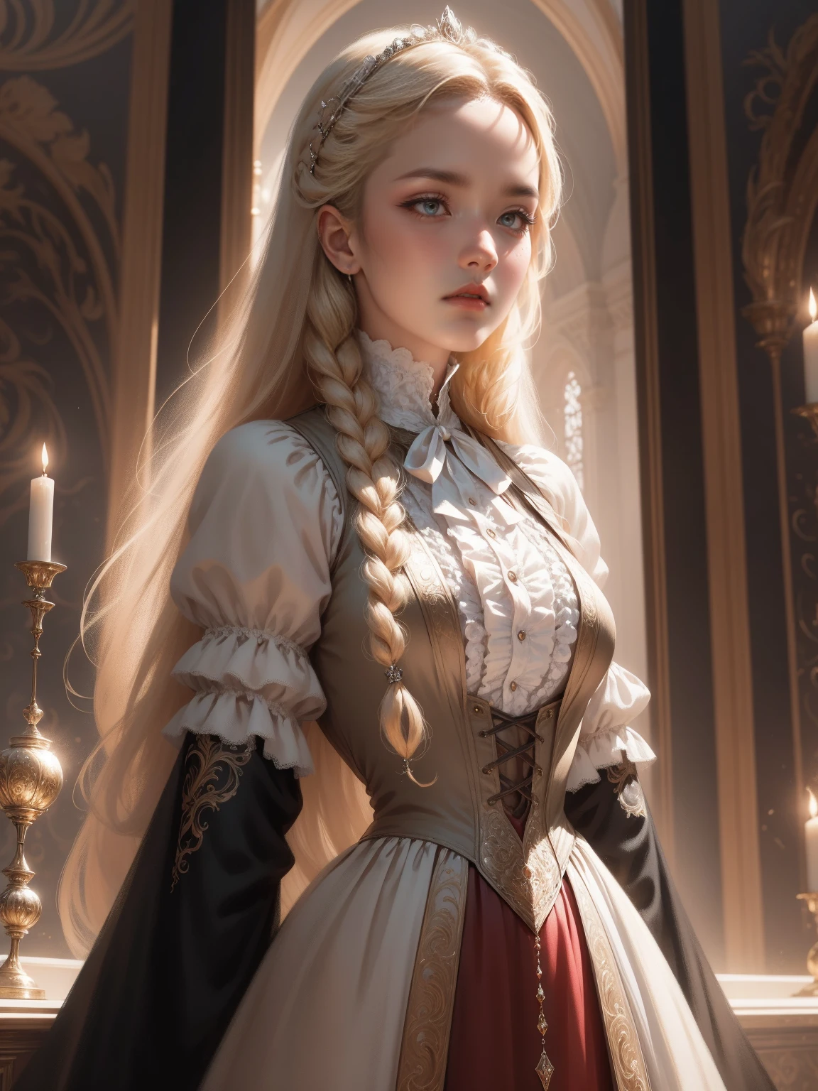 { - anatomy error}(Masterpiece - Ultra-detailed, very high resolution) Prepare to be enchanted by a true masterpiece that combines ultra-detailed art with high-resolution rendering. This work depicts a mesmerizing woman with very long blond hair (1.3) and captivating gray eyes (1.2), emanating an aura of elegance and mystery in Victorian settings. The intricate details and realistic textures invite you to explore every aspect of this enchanting composition. Woman wearing beautiful classic Victorian costume from the year 1878. Red lips. Happy face. Smiling. brown-white dress. backwards, looking back, dynamic poses. Get ready to dive into a world where beauty and craftsmanship merge perfectly.