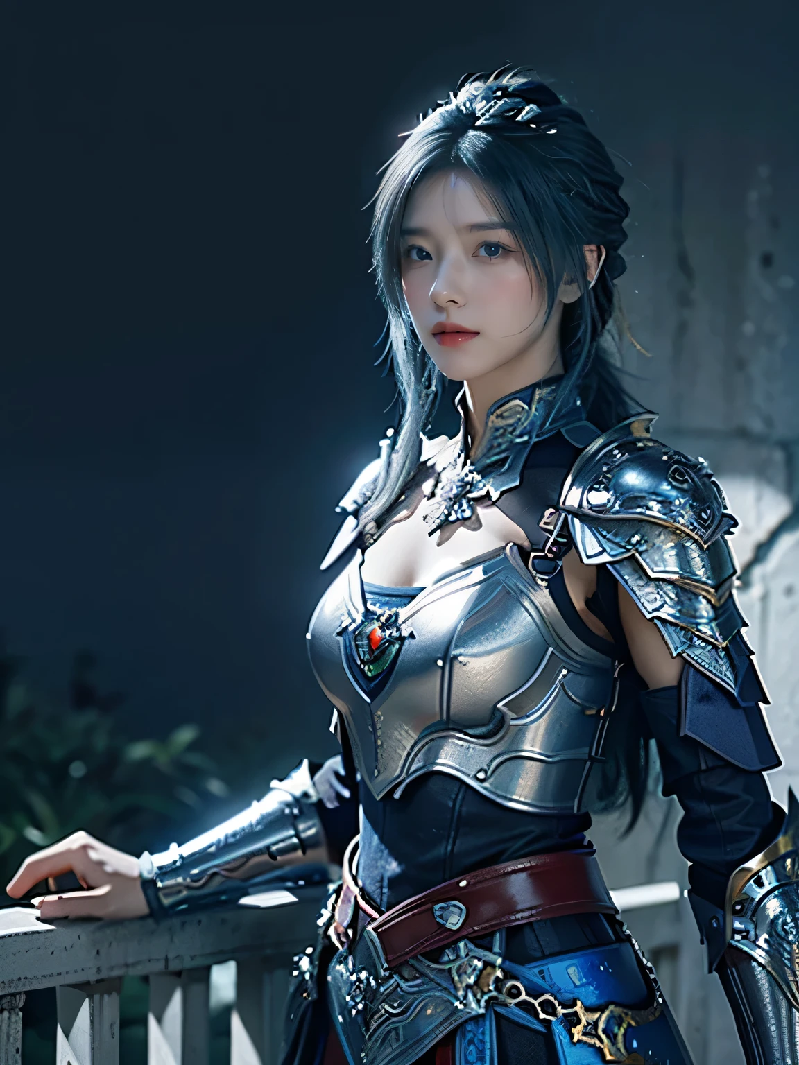 masterpiece,Best quality,A high resolution,8K,Original photo,real photo,Ancient city wall battlefield background,((field:1.8)),digital photography,(Female generals on the battlefield in the Han Dynasty),18-year-old girl,(long ponytail hairstyle),cparted lips,Full and erect breasts,Noble and charming,Elegant and serious,(Thick silver fish scale armor),Blue by Capelet,((Hair tied high,blue hair)),The combination of white metal and red leather,Chest covered with gold armor,metallic luster,Leather buckle,Exquisite pattern,mysterious badge,Cool and gorgeouig breasts)),Chest groove,Three Kingdoms character painting style,Photo pose,oc render reflection texture,gloomy weather,charming smile,Head-up shot,