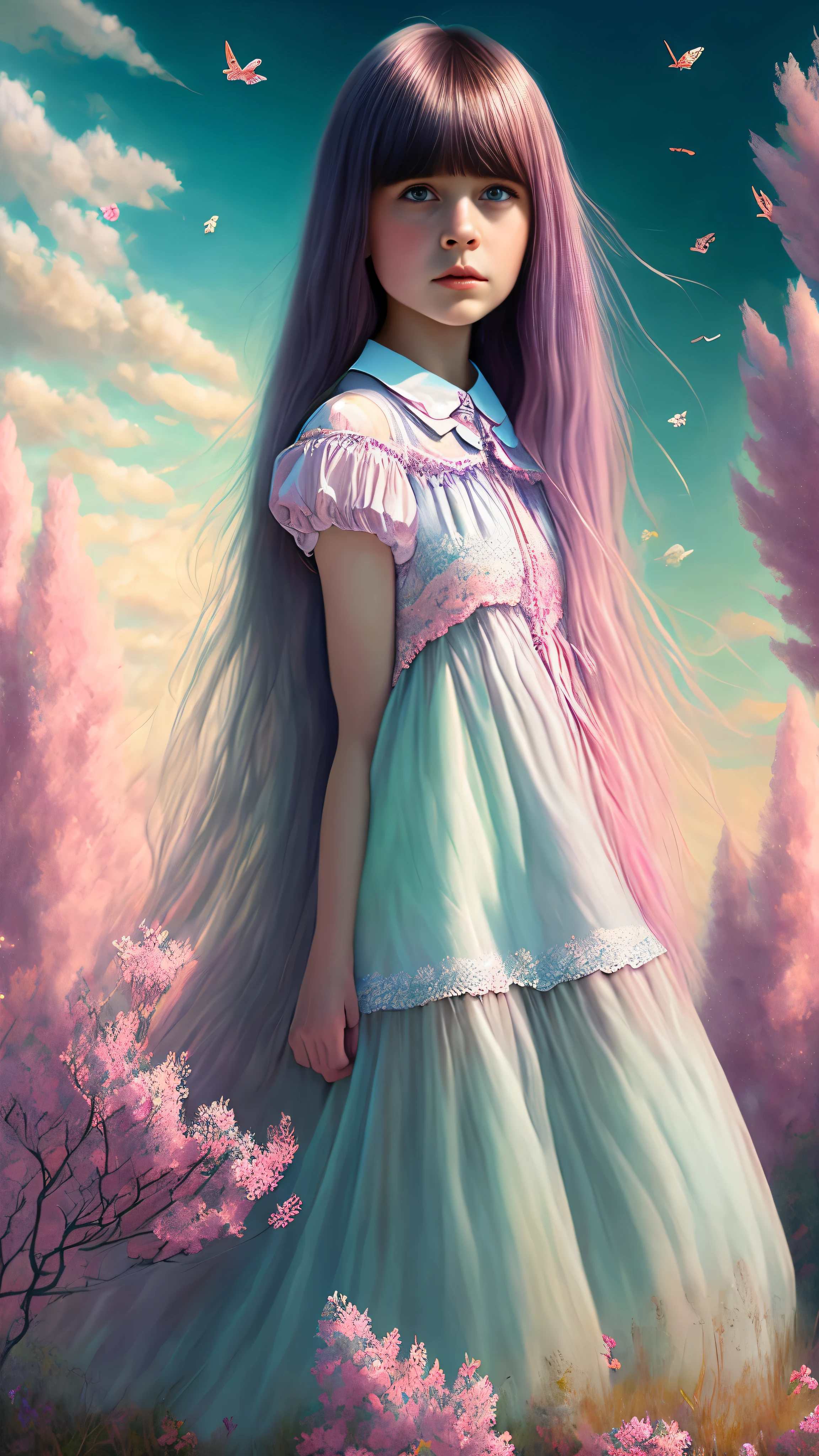 In the enchanting world of candy and whimsy, a young girl with blunt bangs and long flowing hair is captured in a mesmerizing portrait. Surrounded by a pastel pink sky and a backdrop of glistening blue and green trees, she exudes an ethereal charm. Thescene is illuminated by a hyper-realistic ultrahigh definition painting, showcasing immense detail and cinematic lighting. The girl's collared dress, falling on one side, is rendered in the best quality, with realskin textures that bring her to life.
The fantastical landscape presents an intricate balance of translucent elements, such as peeling pet