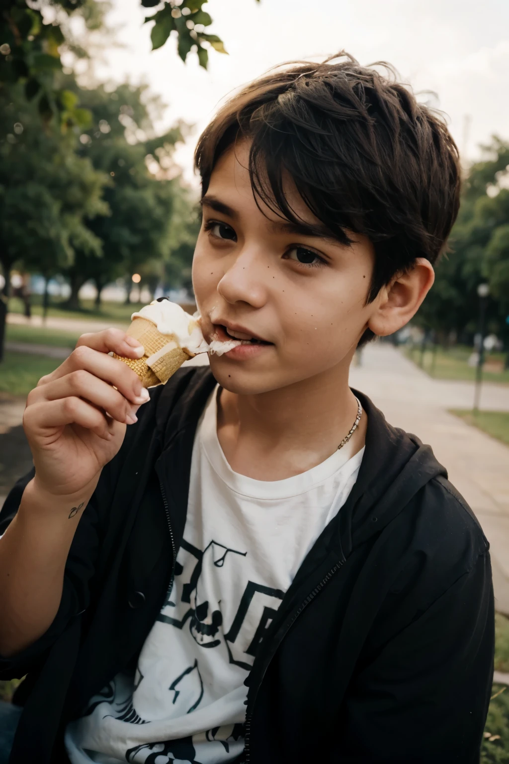 a skull boy eats ice cream in a park, his face shows emotion and happiness, mucho detalle, pieza maestra