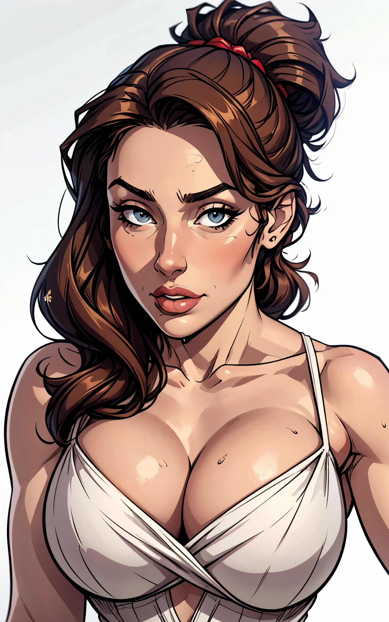 close up, face portrait of a sexy stepmom, casual dress, cleavage, pawg, simply white background
