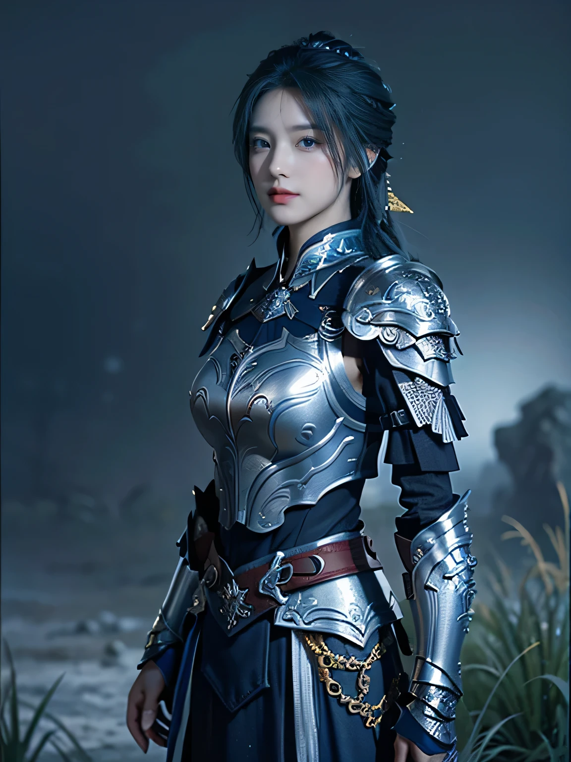 masterpiece，Best quality，A high resolution，8K，Original photo，real photo，Ancient city wall battlefield background,((field：1.8))，digital photography，(Female generals on the battlefield in the Han Dynasty)，18-year-old girl，（long ponytail hairstyle)，cparted lips，Full and erect breasts，Noble and charming，Elegant and serious，(Thick silver fish scale armor），Blue by Capelet，((Hair tied high，blue hair))，The combination of white metal and red leather，Chest covered with gold armor，metallic luster，Leather buckle，Exquisite pattern，mysterious badge，Cool and gorgeouig breasts))，Chest groove，Three Kingdoms character painting style，Photo pose，oc render reflection texture，gloomy weather，charming smile，Head-up shot，