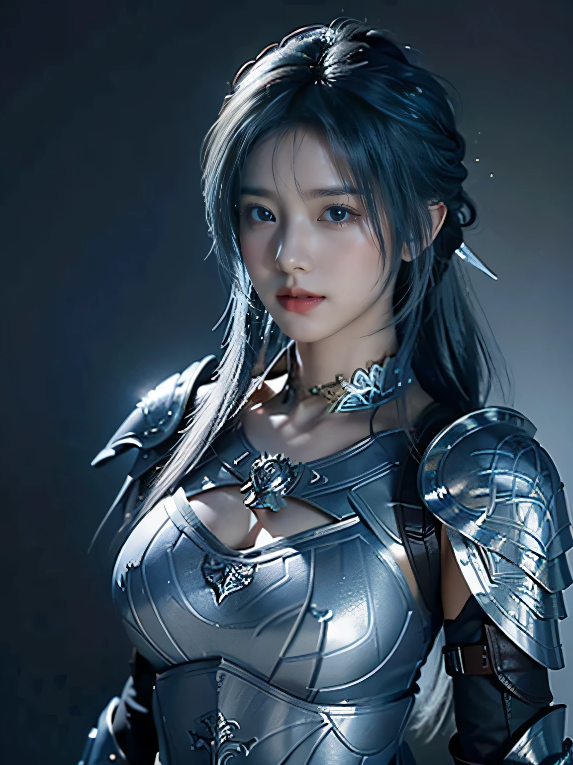 masterpiece，Best quality，A high resolution，8K，Original photo，real photo，Ancient city wall battlefield background,((field：1.8))，digital photography，(Female generals on the battlefield in the Han Dynasty)，18-year-old girl，（long ponytail hairstyle)，cparted lips，Full and erect breasts，Noble and charming，Elegant and serious，(Thick silver fish scale armor），Blue by Capelet，((Hair tied high，blue hair))，The combination of white metal and red leather，Chest covered with gold armor，metallic luster，Leather buckle，Exquisite pattern，mysterious badge，Cool and gorgeouig breasts))，Chest groove，Three Kingdoms character painting style，Photo pose，oc render reflection texture，gloomy weather，charming smile，Head-up shot，