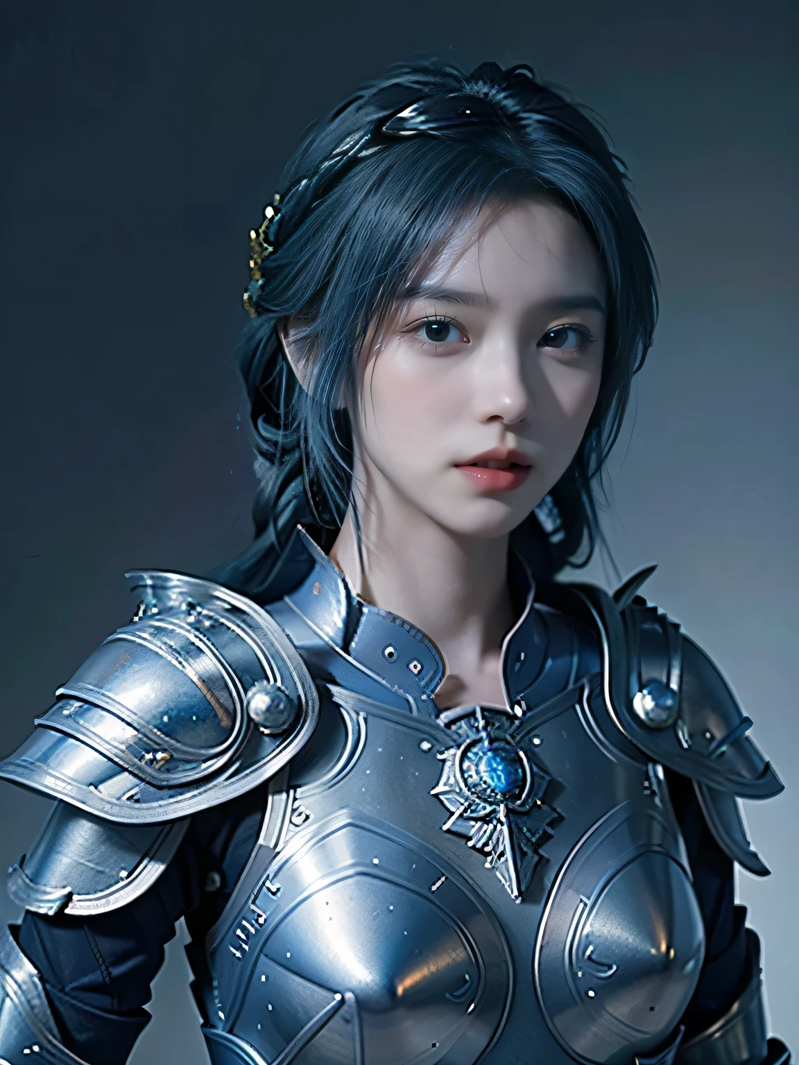 masterpiece,Best quality,A high resolution,8K,Original photo,real photo,Ancient city wall battlefield background,((field:1.8)),digital photography,(Female generals on the battlefield in the Han Dynasty),18-year-old girl,(long ponytail hairstyle),cparted lips,Full and erect breasts,Noble and charming,Elegant and serious,(Thick silver fish scale armor),Blue by Capelet,((Hair tied high,blue hair)),The combination of white metal and red leather,Chest covered with gold armor,metallic luster,Leather buckle,Exquisite pattern,mysterious badge,Cool and gorgeouig breasts)),Chest groove,Three Kingdoms character painting style,Photo pose,oc render reflection texture,gloomy weather,charming smile,Head-up shot,