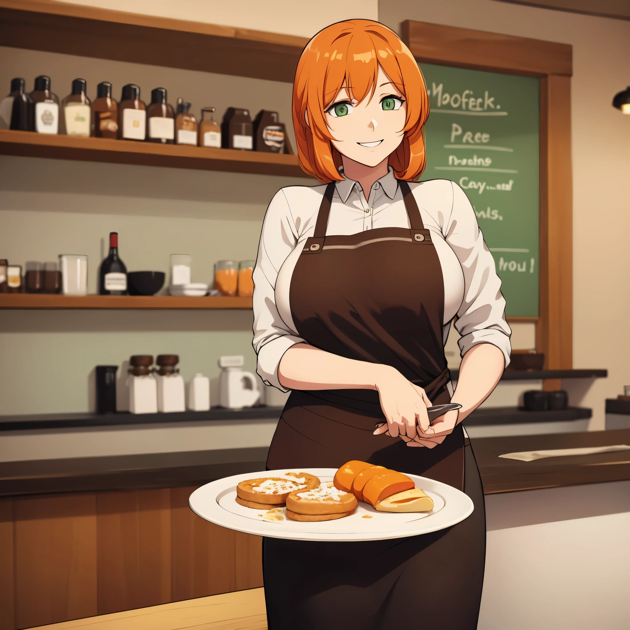 a woman wearing an apron, orange hair, green eyes smiling in a coffee shop serving a tray with breakfast, big breast
