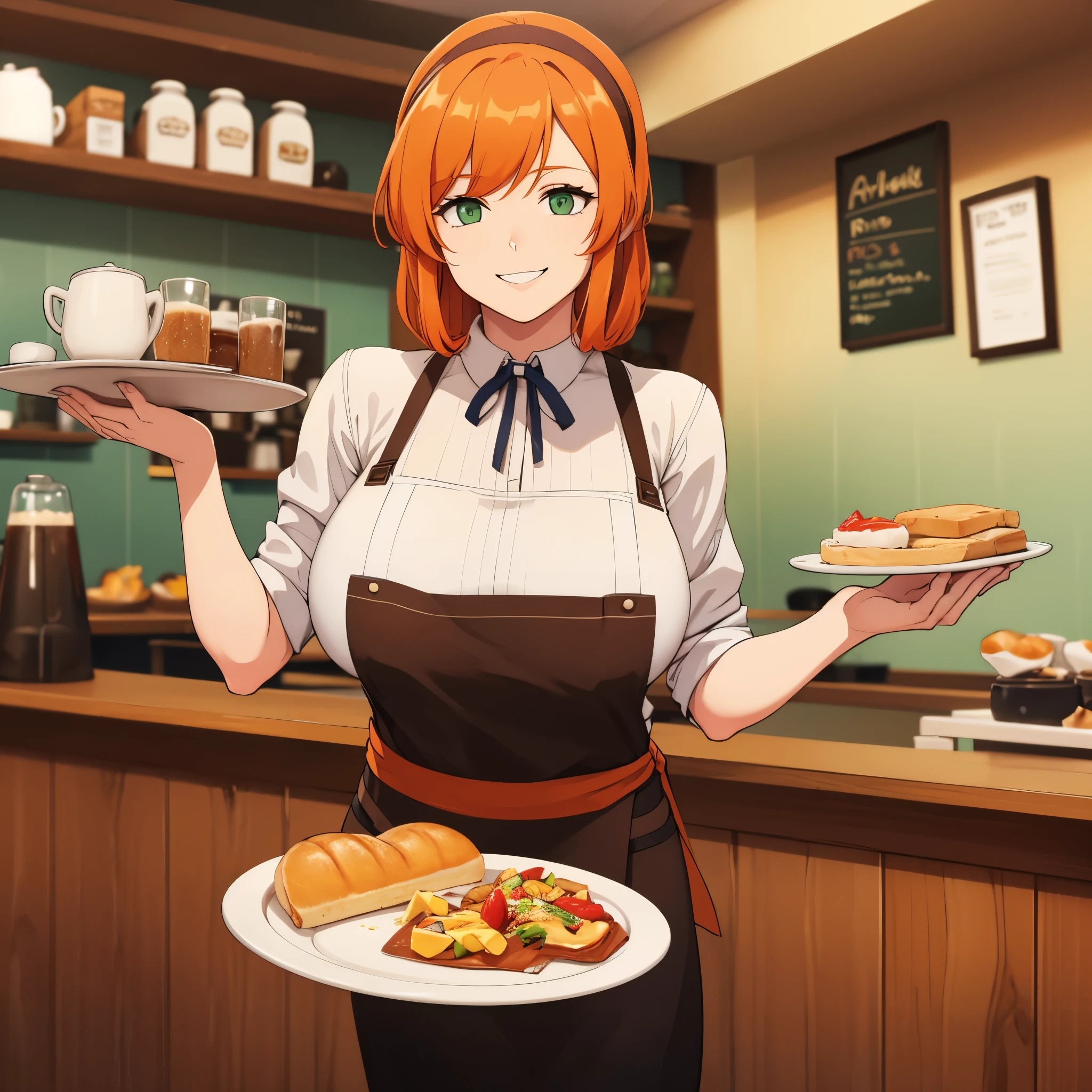 a woman wearing an apron, orange hair, green eyes smiling in a coffee shop serving a tray with breakfast, big breast
