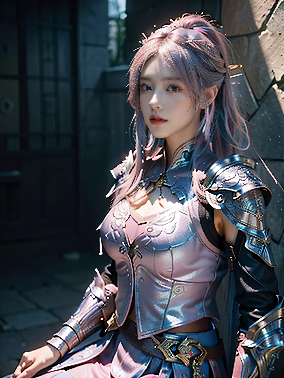 masterpiece,Best quality,A high resolution,8K,Original photo,real photo,Ancient city wall battlefield background,((field:1.8)),digital photography,(Female generals on the battlefield in the Han Dynasty),18-year-old girl,(long ponytail hairstyle),cparted lips,Full and erect breasts,Noble and charming,Elegant and serious,(Thick silver fish scale armor),Blue by Capelet,((Hair tied high,pink hair)),The combination of white metal and red leather,Chest covered with gold armor,metallic luster,Leather buckle,Exquisite pattern,mysterious badge,Cool and gorgeouig breasts)),Chest groove,Three Kingdoms character painting style,Photo pose,oc render reflection texture,gloomy weather,charming smile,Head-up shot,