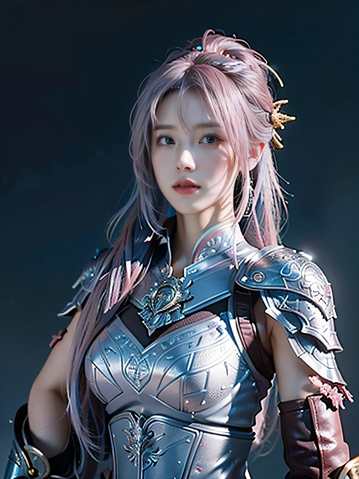masterpiece,Best quality,A high resolution,8K,Original photo,real photo,Ancient city wall battlefield background,((field:1.8)),digital photography,(Female generals on the battlefield in the Han Dynasty),18-year-old girl,(long ponytail hairstyle),cparted lips,Full and erect breasts,Noble and charming,Elegant and serious,(Thick silver fish scale armor),Blue by Capelet,((Hair tied high,pink hair)),The combination of white metal and red leather,Chest covered with gold armor,metallic luster,Leather buckle,Exquisite pattern,mysterious badge,Cool and gorgeouig breasts)),Chest groove,Three Kingdoms character painting style,Photo pose,oc render reflection texture,gloomy weather,charming smile,Head-up shot,