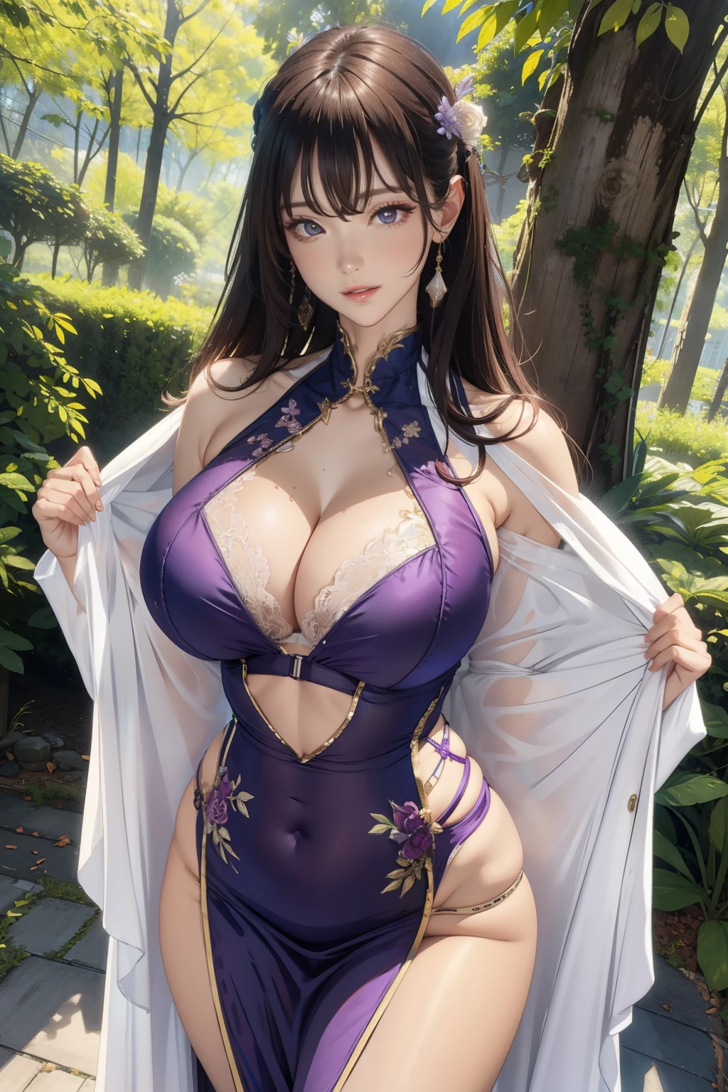 (masterpiece:1.2, highest quality), realistic, (real picture, intricate details, purple high neck dress), parted lips, very detailed, perfect face, perfect body, large model,Background in the forest、transparent nippleature woman、tall、long legs、Separate the upper and lower costumes、brightly colored drawings、Clothes with a wide open chest、revealing costumes、Clothes that expose the belly button、Only the upper body is dressed up、random hairstyle、big breasts、transparent lace costume、embellished costume、Clothes that expose the belly button、