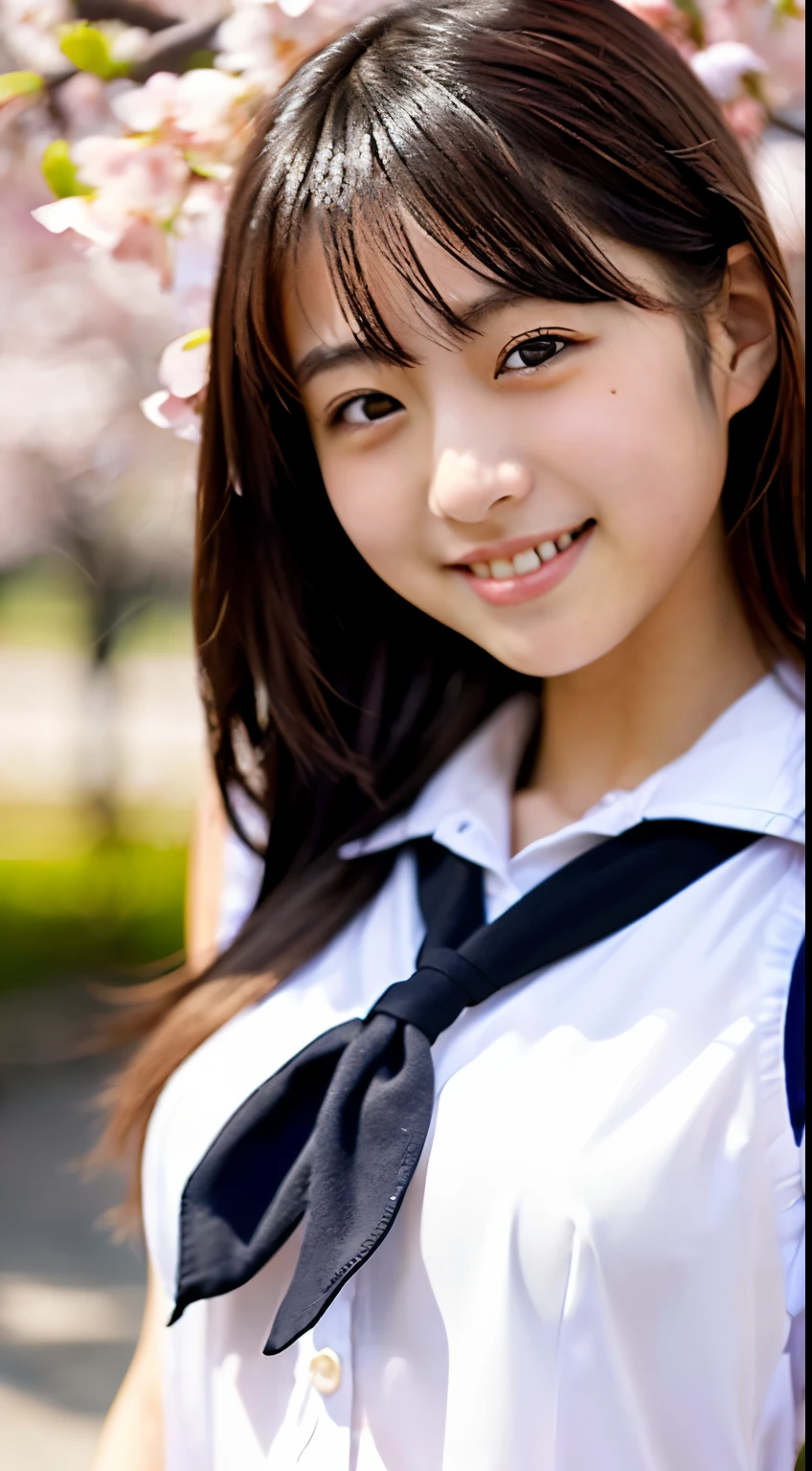 (((beautiful japanese high school girl))) 、1 person、(((At the cherry blossom trees in bloom)))、doing a sexy pose、(((A revealing sleeveless sailor suit)))、(((Glamour)))、((smile))、photorealistic、With a clearer image、beautiful detailed eyes、hyper realism、high contrast、Ultra HD、realistic skin texture、Highest image quality、highest quality、ultra high resolution、Finely detailed、very carefully