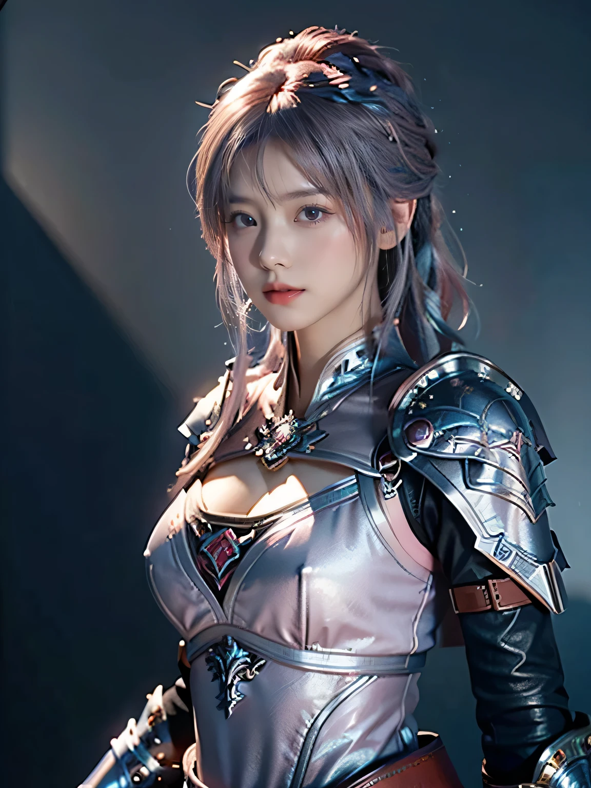 masterpiece,Best quality,A high resolution,8K,Original photo,real photo,Ancient city wall battlefield background,((field:1.8)),digital photography,(Female generals on the battlefield in the Han Dynasty),18-year-old girl,(long ponytail hairstyle),cparted lips,Full and erect breasts,Noble and charming,Elegant and serious,(Thick silver fish scale armor),Blue by Capelet,((Hair tied high,pink hair)),The combination of white metal and red leather,Chest covered with gold armor,metallic luster,Leather buckle,Exquisite pattern,mysterious badge,Cool and gorgeouig breasts)),Chest groove,Three Kingdoms character painting style,Photo pose,oc render reflection texture,gloomy weather,charming smile,Head-up shot,