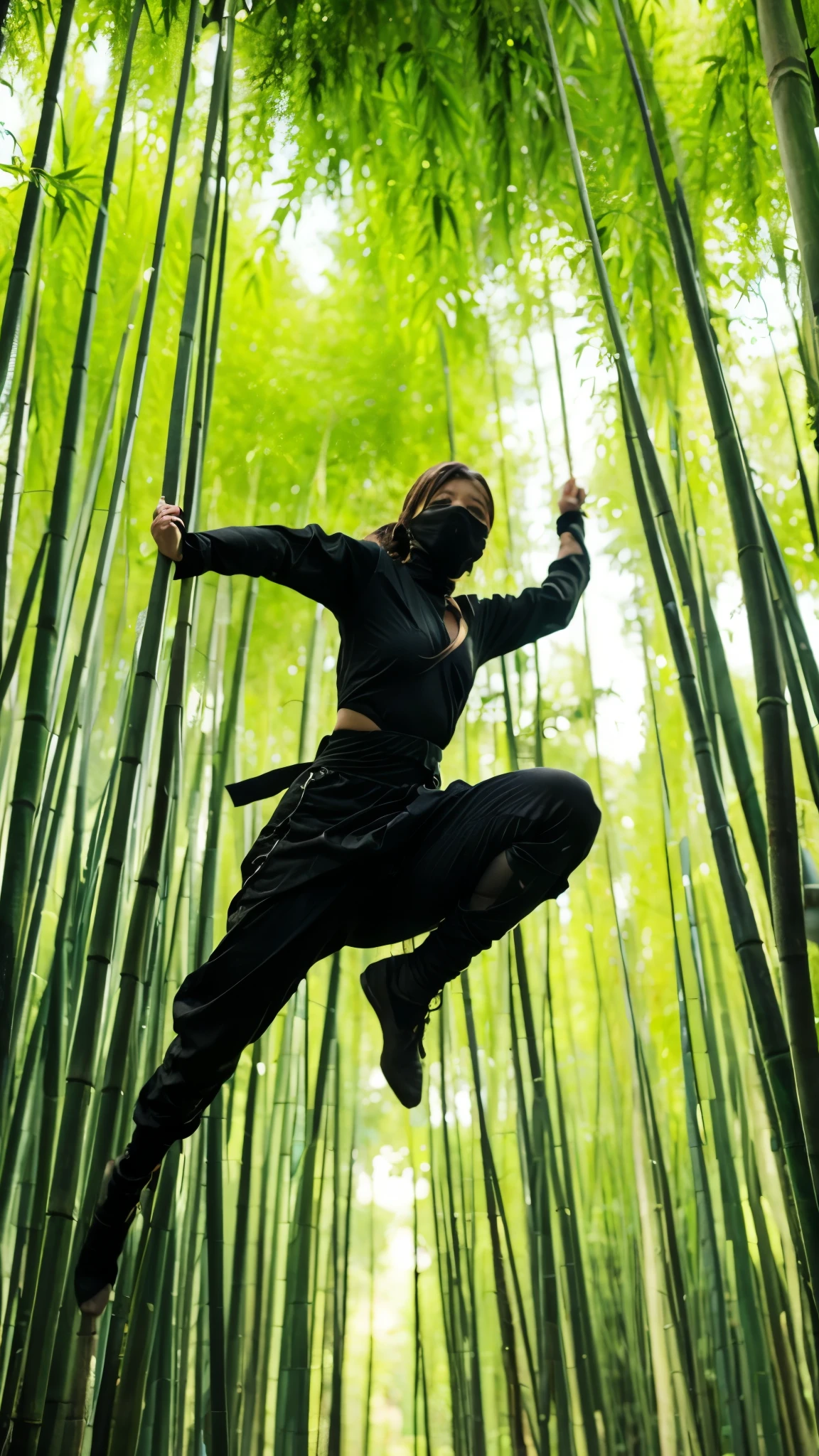 In a bamboo forest, a female ninja jumping down from the top of the tree, she wear a black body-hugging outfit, detailed texture, detailed environment, cinematic, action shot,