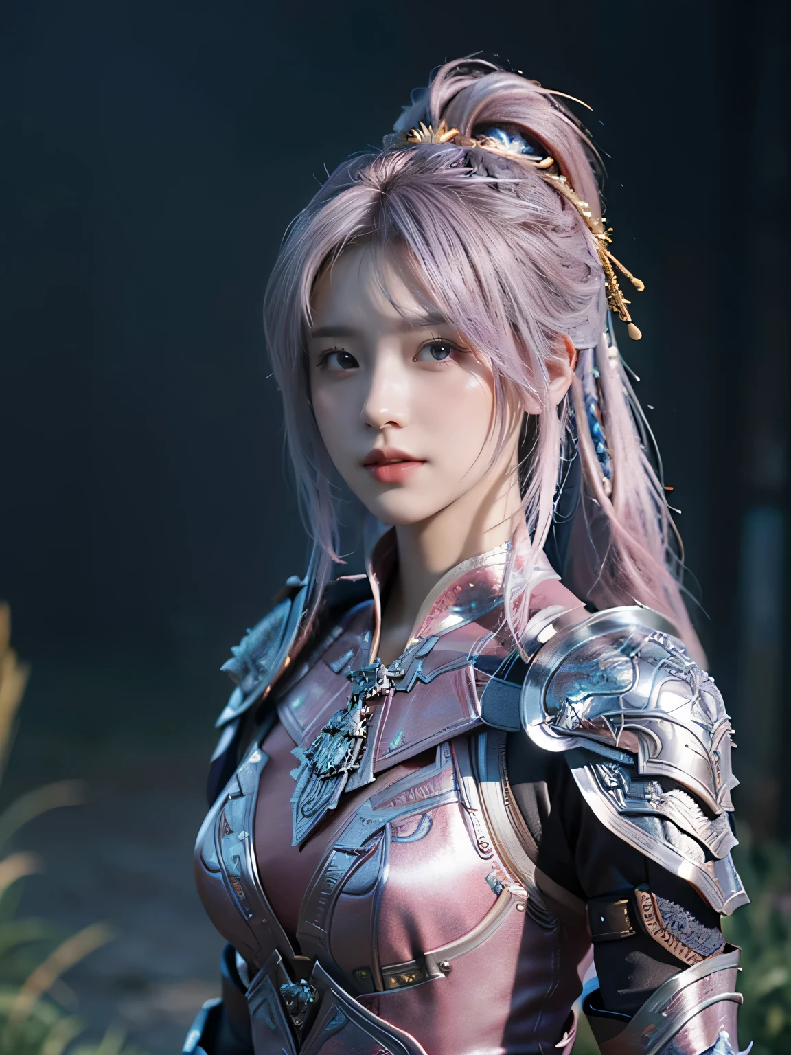masterpiece,Best quality,A high resolution,8K,Original photo,real photo,Ancient city wall battlefield background,((field:1.8)),digital photography,(Female generals on the battlefield in the Han Dynasty),18-year-old girl,(long ponytail hairstyle),cparted lips,Full and erect breasts,Noble and charming,Elegant and serious,(Thick silver fish scale armor),Blue by Capelet,((Hair tied high,pink hair)),The combination of white metal and red leather,Chest covered with gold armor,metallic luster,Leather buckle,Exquisite pattern,mysterious badge,Cool and gorgeouig breasts)),Chest groove,Three Kingdoms character painting style,Photo pose,oc render reflection texture,gloomy weather,charming smile,Head-up shot,