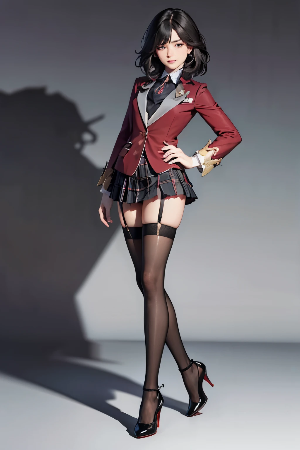 NSFW, ((Standing upright with one leg in front of the other)),(full body shot, full body view), ((cute and symmetrical face)),8k, masterpiece, RAW photo, best quality, photorealistic, extremely detailed CG unity 8k wallpaper,(biologically correct form),(masterpiece:1.2, top-quality), (realistic, photorealistic:1.4), beautiful illustration, (natural side lighting, movie lighting), looking at viewer, ((focus on face)), 1 girl, 25 years old, perfect face, perfect body, shiny skin, beautiful hair, beautiful face, beautiful eyes, beautiful detailed eyes, beautiful body, beautiful chest, beautiful arms、beautiful thigh, ((beautiful long thin legss)), (small butt),blush, (Matching Stiletto heels left and right and same color anklets), (biologically correct form), (lovely smile), (((dark red blazer, close clothes), white collared shirt, black plaid pleated miniskirt, dark red tie), (black garter stockings))、Bewitching、((Back shot)),Panty shot、The background is a flowerbed with sunflowers.