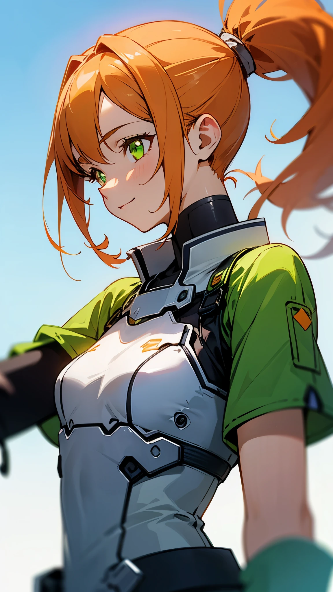 detailed、1 character、pastel washed out colors、cell shade、Soft and calm colors、gentle color、Blue archive art style、Sword Art Online and wearing futuristic style clothes、Beautiful woman、small breasts、orange hair、Glowing green eyes、side ponytail、From the side、gloves、bright smile、upper body close-up、blue sky、on the large terrace、sharp outline