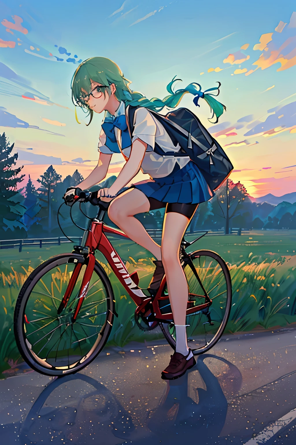 4k, highest quality, 1 girl, 18-year-old, light green hair, double fried dough twist braid, low fried dough twist braid, dark blue bow tie. dark blue pleated skirt, skirt straps, Glasses, vitality, vitality, girl, campus, cycling on campus, cycling, come home from school, evening, sunset light