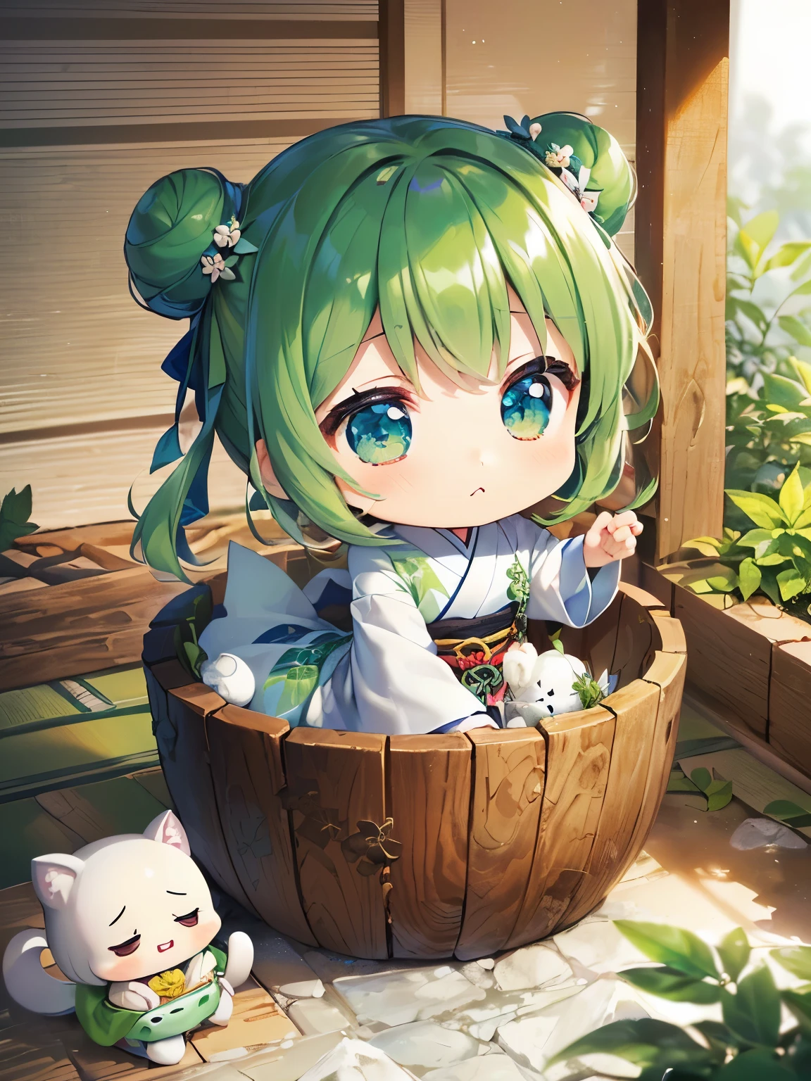 (((あずきの擬人化したchibi characterと一緒)))、(((器に入った緑のお団子ヘアのchibi character)))、Increase saturation、Luxury Japanese garden view、(((器の中に入ってるchibi character)))、(((小豆が擬人化したchibi characterと一緒にいるヨモギを擬人化したchibi character)))、(((Playing with a white healing character)))、((ふわふわボールで遊ぶchibi character))、((Matchaを飲むchibi character))、(((2月らしい高級な器に入ったchibi character)))、((Surprised expression))、(((beautiful japanese garden)))、((器の中に入ってるchibi character))、((chibi character、擬人化されたヨモギchibi characterクター))、Mugwort manju character、Cute mugwort man、green eyes、healing character、((green hair in a bun))、Matcha、((Delicate Japanese pattern and beautiful white color))、delicate embroidery、delicate wrinkles、Delicate depiction、container with delicate patterns、(((Delicate Japanese pattern container)))、((小豆を擬人化したchibi characterも一緒にいる))、asian delicate pattern、masterpiece、Super high quality、super high quality、美しい容器の中のchibi characterクター、A round character inside a beautiful delicate container、(((濃い緑色のボールで遊ぶchibi character)))、(((I don't draw leaves.)))、(((A round white stuffed animal painted on the outside of the container)))、