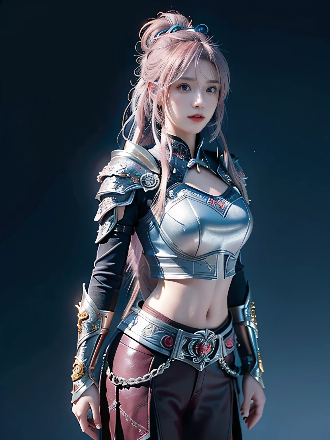 masterpiece,Best quality,A high resolution,8K,Original photo,real photo,Ancient city wall battlefield background,((field:1.8)),digital photography,(Female generals on the battlefield in the Han Dynasty),18-year-old girl,(long ponytail hairstyle),cparted lips,Full and erect breasts,Noble and charming,Elegant and serious,(Thick silver fish scale armor),Blue by Capelet,((Hair tied high,pink hair)),The combination of white metal and red leather,Chest covered with gold armor,metallic luster,Leather buckle,Exquisite pattern,mysterious badge,Cool and gorgeouig breasts)),Chest groove,Three Kingdoms character painting style,Photo pose,oc render reflection texture,gloomy weather,charming smile,Head-up shot,
