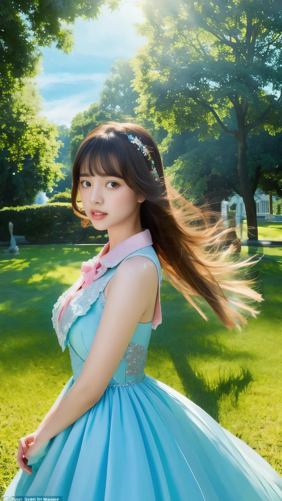 with high definition images,In the enchanting world of candy and whimsy, a young girl with blunt bangs and long flowing hair is captured in a mesmerizing portrait. Surrounded by a pastel pink sky and a backdrop of glistening blue and green trees, she exudes an ethereal charm. Thescene is illuminated by a hyper-realistic ultrahigh definition painting, showcasing immense detail and cinematic lighting. The girl's collared dress, falling on one side, is rendered in the best quality, with realskin textures that bring her to life. The fantastical landscape presents an intricate balance of translucent elements, such as peeling pet