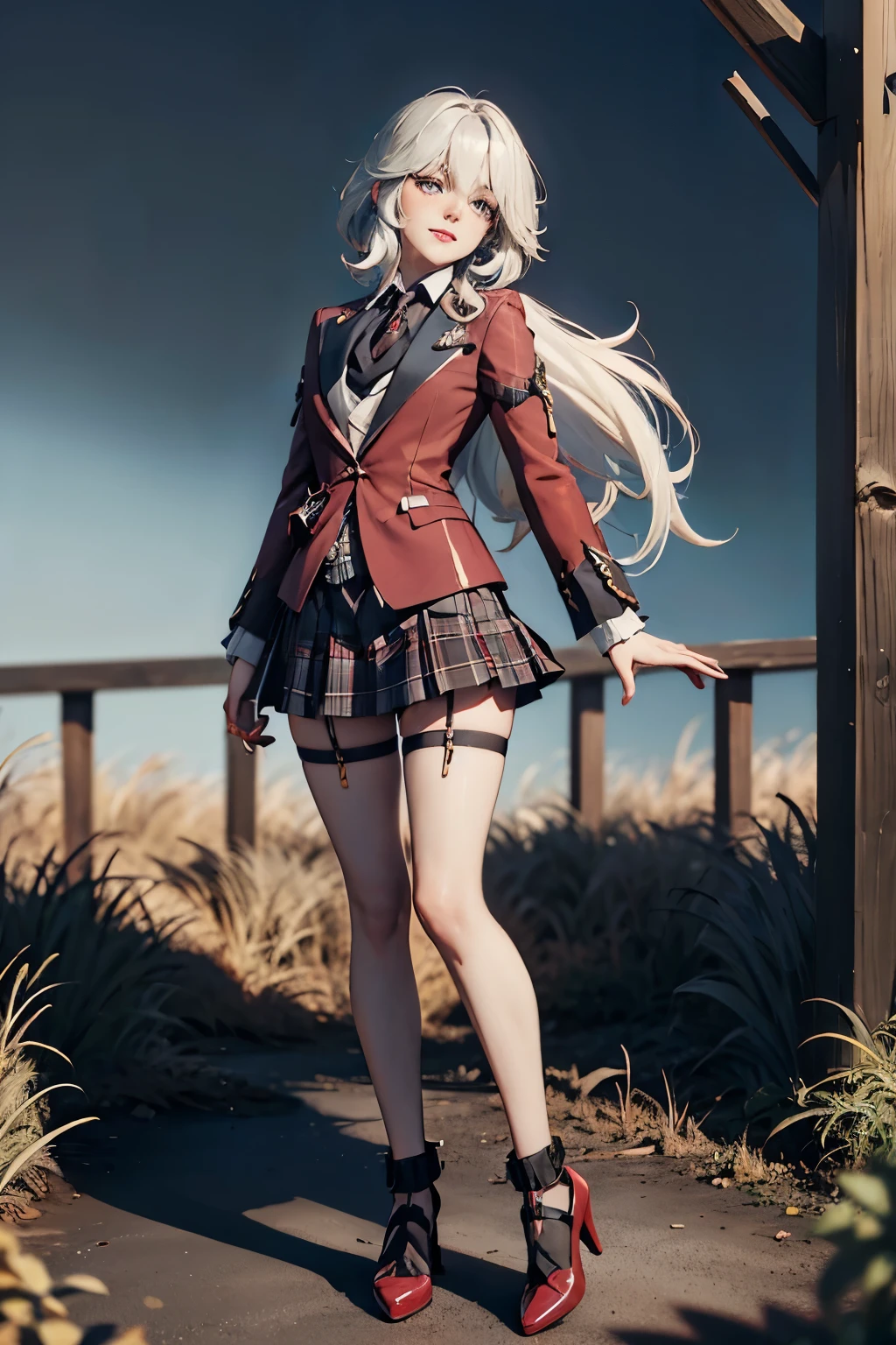 NSFW, ((Standing upright with one leg in front of the other)),(full body shot, full body view), ((cute and symmetrical face)),8k, masterpiece, RAW photo, best quality, photorealistic, extremely detailed CG unity 8k wallpaper,(biologically correct form),(masterpiece:1.2, top-quality), (realistic, photorealistic:1.4), beautiful illustration, (natural side lighting, movie lighting), looking at viewer, ((focus on face)), 1 girl, 25 years old, perfect face, perfect body, shiny skin, beautiful hair, beautiful face, beautiful eyes, beautiful detailed eyes, beautiful body, beautiful chest, beautiful arms、beautiful thigh, ((beautiful long thin legss)), (small butt),blush, (Matching Stiletto heels left and right and same color anklets), (biologically correct form), (lovely smile), (((dark red blazer, close clothes), white collared shirt, black plaid pleated miniskirt, dark red tie), (black garter stockings))、Bewitching、((Back shot)),Panty shot、The background is a flowerbed with sunflowers.