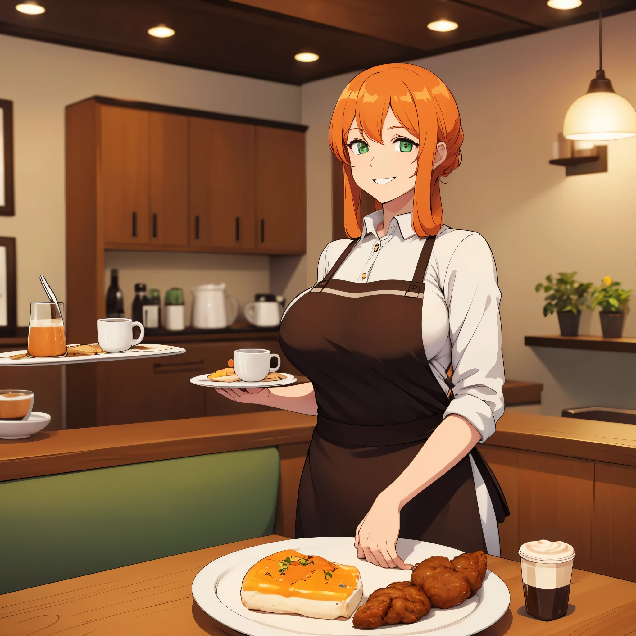 a woman wearing an apron, orange hair, green eyes smiling in a coffee shop serving a tray with breakfast, big breast
