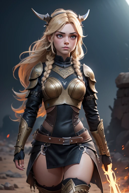 (cuerpo completo), guerrera vikinga, bellisima de ojos verdosos, con sus trenzas rubias largas, su casco de hierro y su correaje y protectores de metal, que dejan entrever un vestido sucio y rasgado con su minifalda sexy, En el fragor de la batalla, stands in a war zone walking dynamically with a frown., iluminacion de la hora dorada, (intrincados detalles de la maquina).imagen fotorrealista,nitidez maxima, calidad 8k.(obra maestra de calidad superior).