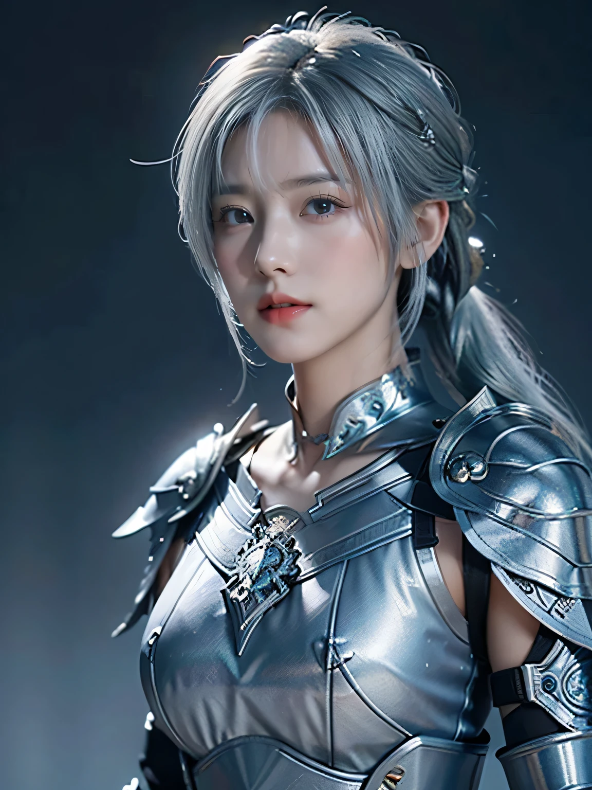 masterpiece,Best quality,A high resolution,8K,Original photo,real photo,Ancient city wall battlefield background,((field:1.8)),digital photography,(Female generals on the battlefield in the Han Dynasty),18-year-old girl,(long ponytail hairstyle),cparted lips,Full and erect breasts,Noble and charming,Elegant and serious,(Thick silver fish scale armor),Blue by Capelet,((Hair tied high,white hair)),The combination of white metal and red leather,Chest covered with gold armor,metallic luster,Leather buckle,Exquisite pattern,mysterious badge,Cool and gorgeouig breasts)),Chest groove,Three Kingdoms character painting style,Photo pose,oc render reflection texture,gloomy weather,charming smile,Head-up shot,