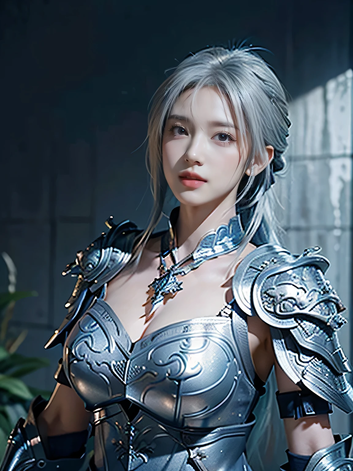 masterpiece,Best quality,A high resolution,8K,Original photo,real photo,Ancient city wall battlefield background,((field:1.8)),digital photography,(Female generals on the battlefield in the Han Dynasty),18-year-old girl,(long ponytail hairstyle),cparted lips,Full and erect breasts,Noble and charming,Elegant and serious,(Thick silver fish scale armor),Blue by Capelet,((Hair tied high,white hair)),The combination of white metal and red leather,Chest covered with gold armor,metallic luster,Leather buckle,Exquisite pattern,mysterious badge,Cool and gorgeouig breasts)),Chest groove,Three Kingdoms character painting style,Photo pose,oc render reflection texture,gloomy weather,charming smile,Head-up shot,