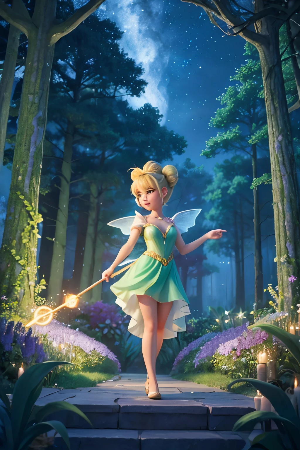 , tinkerbell, full body, looking back at viewer, night sky, glowing foliage, short leaf skirt, blushing