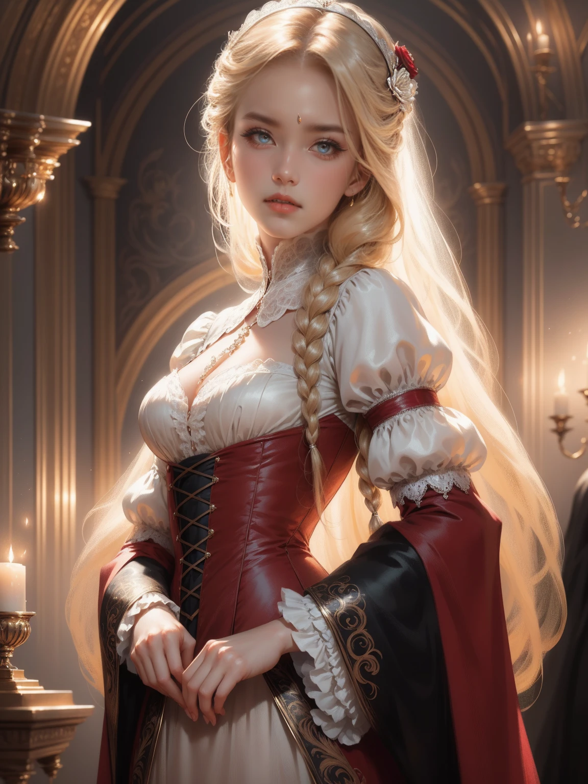 { - anatomy error}(Masterpiece - Ultra-detailed, very high resolution) Prepare to be enchanted by a true masterpiece that combines ultra-detailed art with high-resolution rendering. This work depicts a mesmerizing woman with very long blond hair (1.3) and captivating gray eyes (1.2), emanating an aura of elegance and mystery in Victorian settings. The intricate details and realistic textures invite you to explore every aspect of this enchanting composition. Woman wearing beautiful classic Victorian costume from the year 1878. Red lips. Happy face. Smiling. gold-white dress. backwards, looking back, dynamic poses. Get ready to dive into a world where beauty and craftsmanship merge perfectly.