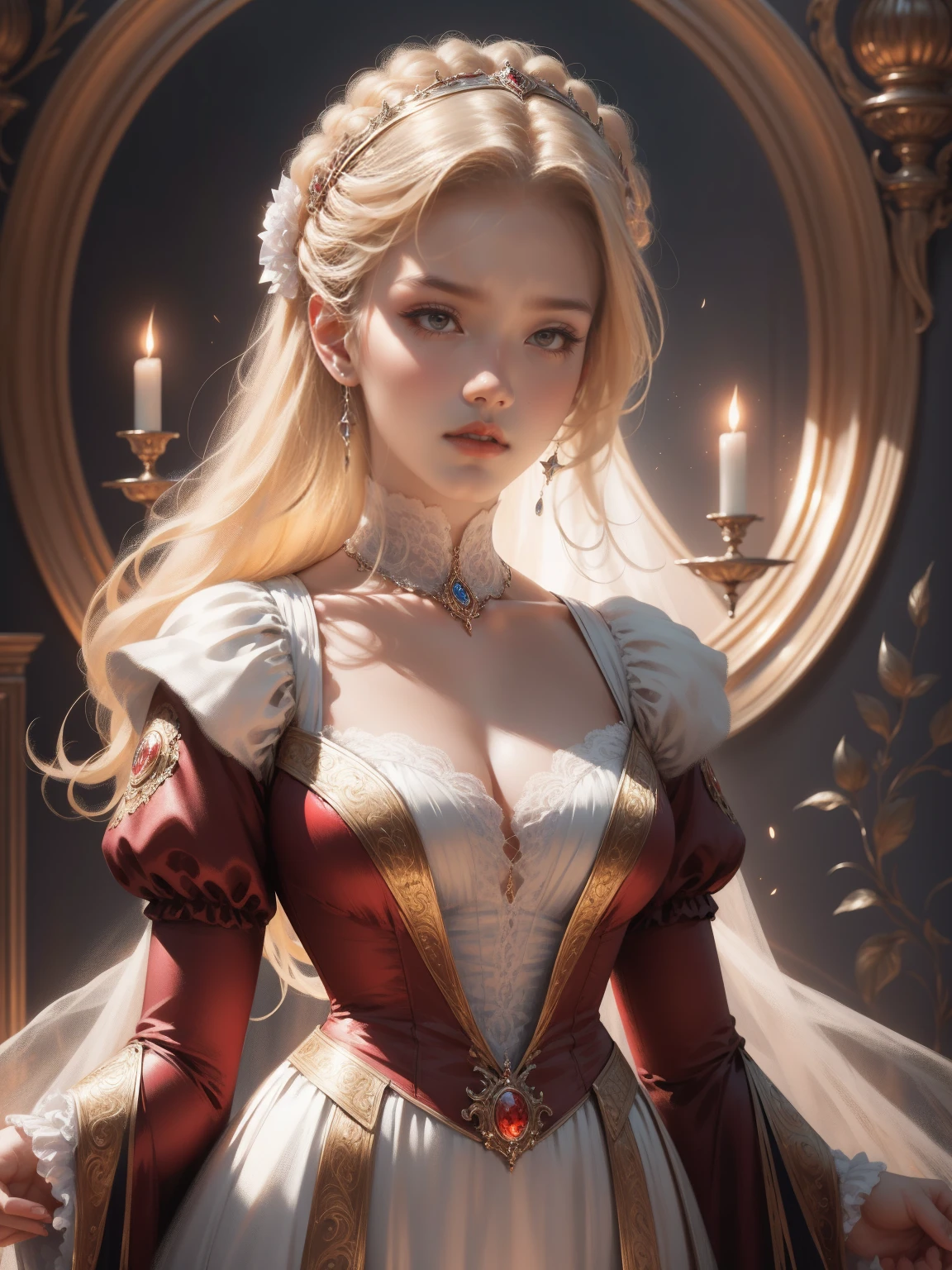 { - anatomy error}(Masterpiece - Ultra-detailed, very high resolution) Prepare to be enchanted by a true masterpiece that combines ultra-detailed art with high-resolution rendering. This work depicts a mesmerizing woman with very long blond hair (1.3) and captivating gray eyes (1.2), emanating an aura of elegance and mystery in Victorian settings. The intricate details and realistic textures invite you to explore every aspect of this enchanting composition. Woman wearing beautiful classic Victorian costume from the year 1878. Red lips. Happy face. Smiling. gold-white dress. backwards, looking back, dynamic poses. Get ready to dive into a world where beauty and craftsmanship merge perfectly.