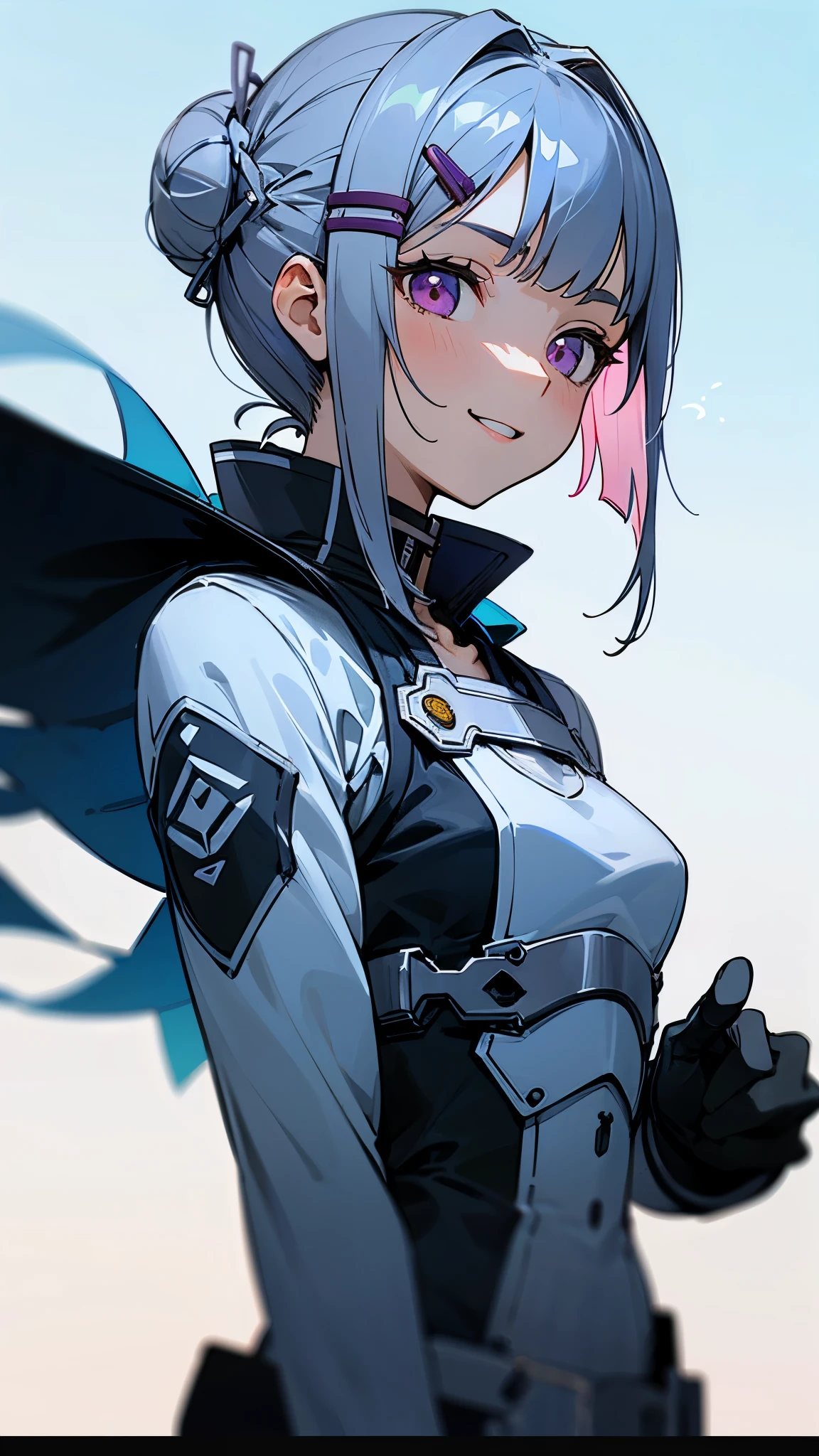 detailed、1 character、pastel washed out colors、cell shade、Soft and calm colors、gentle color、Blue archive art style、Sword Art Online and wearing futuristic style clothes、Beautiful woman、small breasts、Short silver bob hair in a bun with a hair clip、pink eyes、From the side、gloves、bright smile、upper body close-up、blue sky、on the large terrace、sharp outline