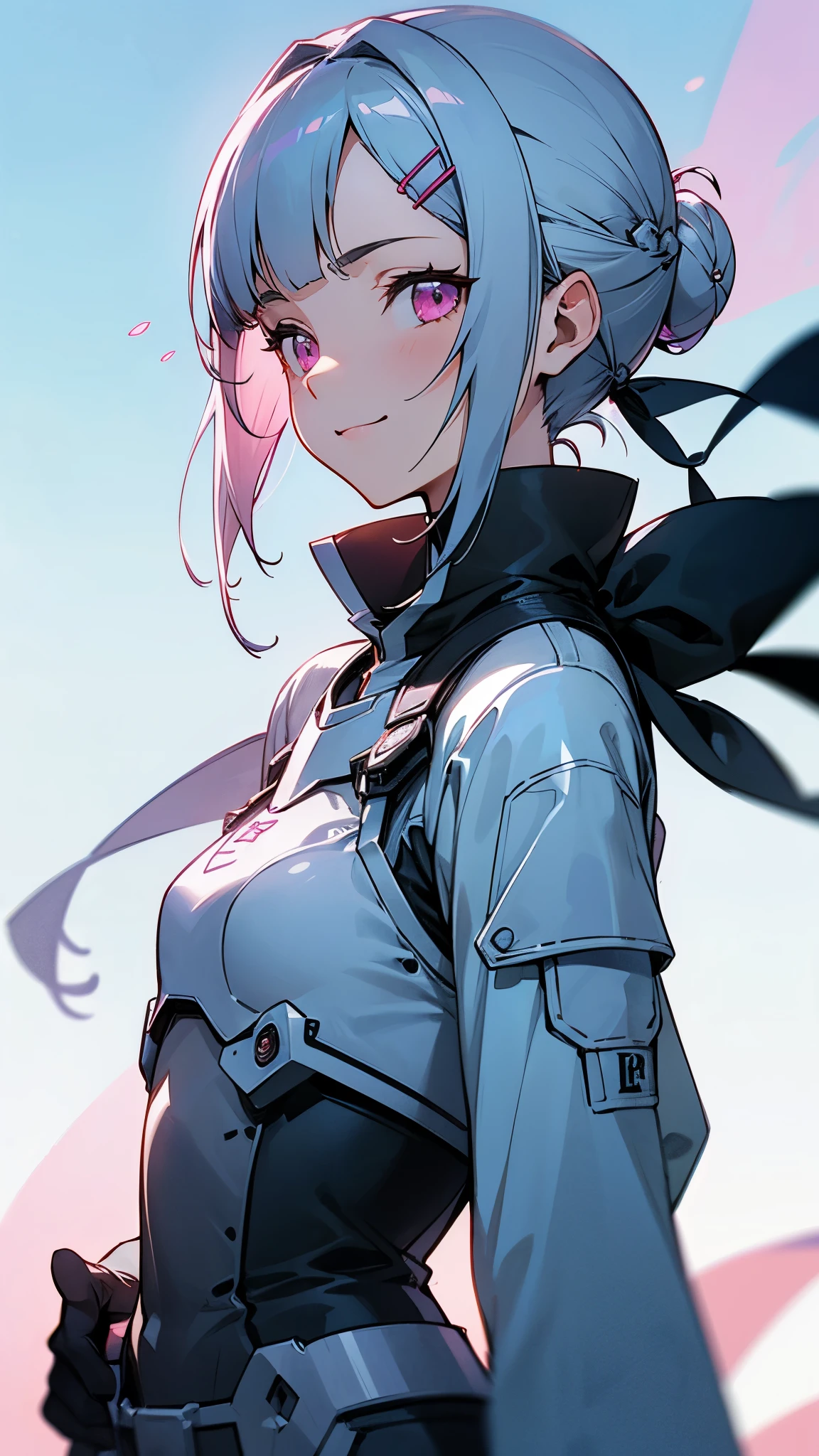 detailed、1 character、pastel washed out colors、cell shade、Soft and calm colors、gentle color、Blue archive art style、Sword Art Online and wearing futuristic style clothes、Beautiful woman、small breasts、Short silver bob hair in a bun with a hair clip、pink eyes、From the side、gloves、bright smile、upper body close-up、blue sky、on the large terrace、sharp outline