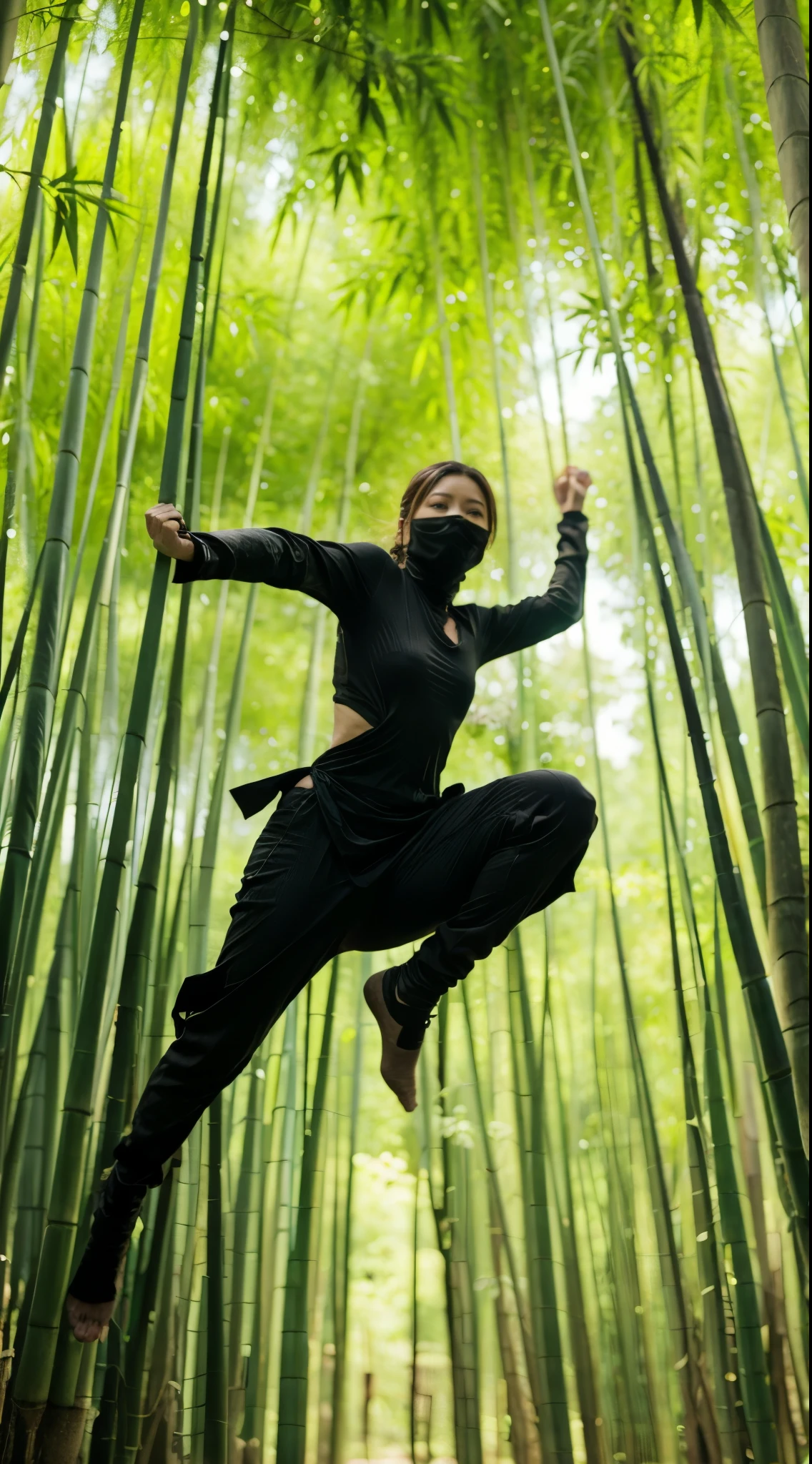 In a bamboo forest, a female ninja jumping down from the top of the tree, she wear a black body-hugging outfit, detailed texture, detailed environment, cinematic, action shot,