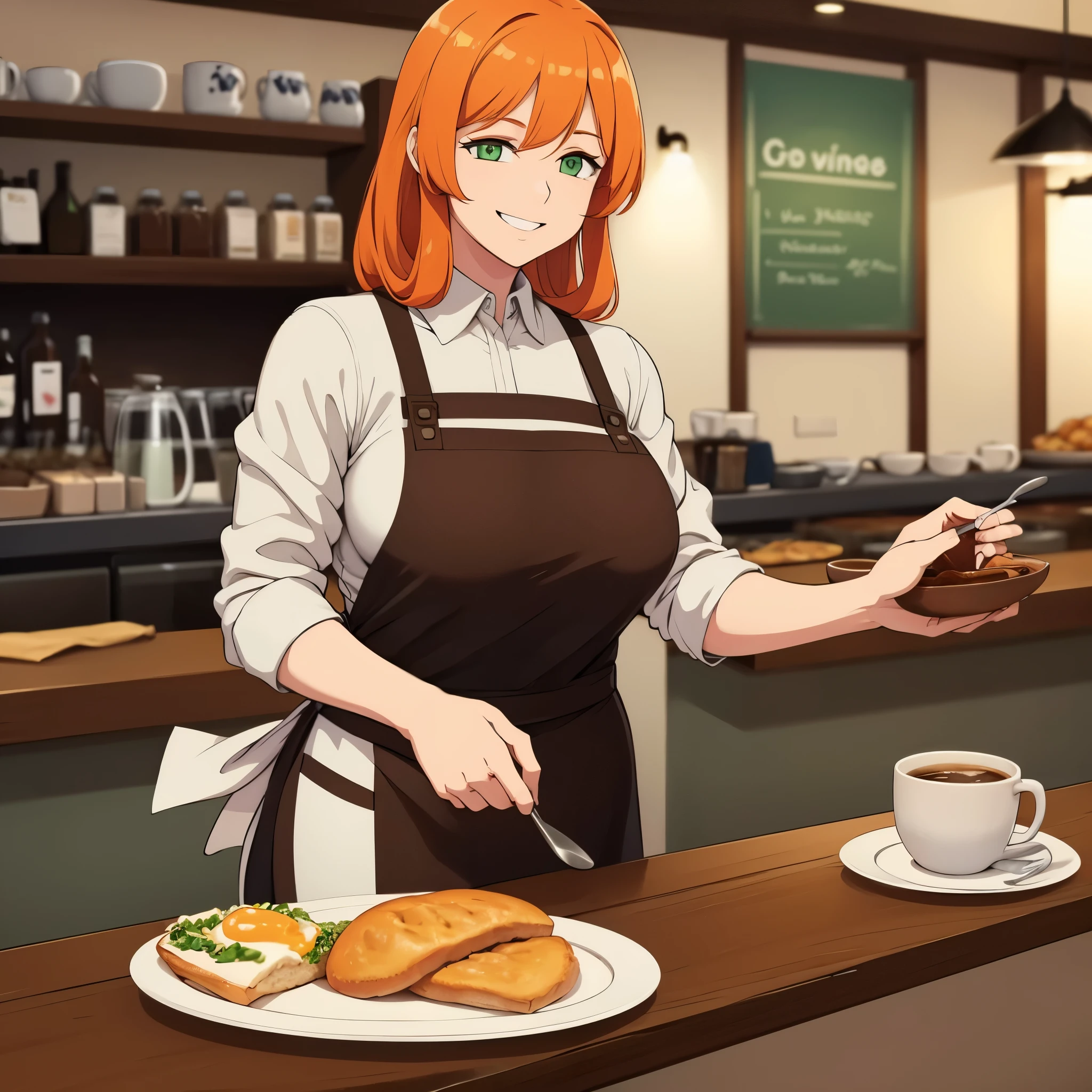 a woman wearing an apron, orange hair, green eyes smiling in a coffee shop serving a tray with breakfast, big breast
