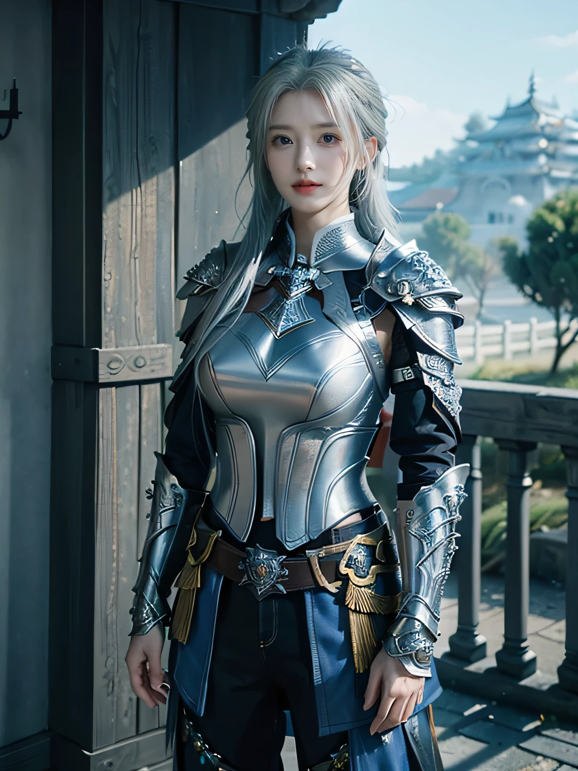 masterpiece,Best quality,A high resolution,8K,Original photo,real photo,Ancient city wall battlefield background,((field:1.8)),digital photography,(Female generals on the battlefield in the Han Dynasty),18-year-old girl,(long ponytail hairstyle),cparted lips,Full and erect breasts,Noble and charming,Elegant and serious,(Thick silver fish scale armor),Blue by Capelet,((Hair tied high,white hair)),The combination of white metal and red leather,Chest covered with gold armor,metallic luster,Leather buckle,Exquisite pattern,mysterious badge,Cool and gorgeouig breasts)),Chest groove,Three Kingdoms character painting style,Photo pose,oc render reflection texture,gloomy weather,charming smile,Head-up shot,